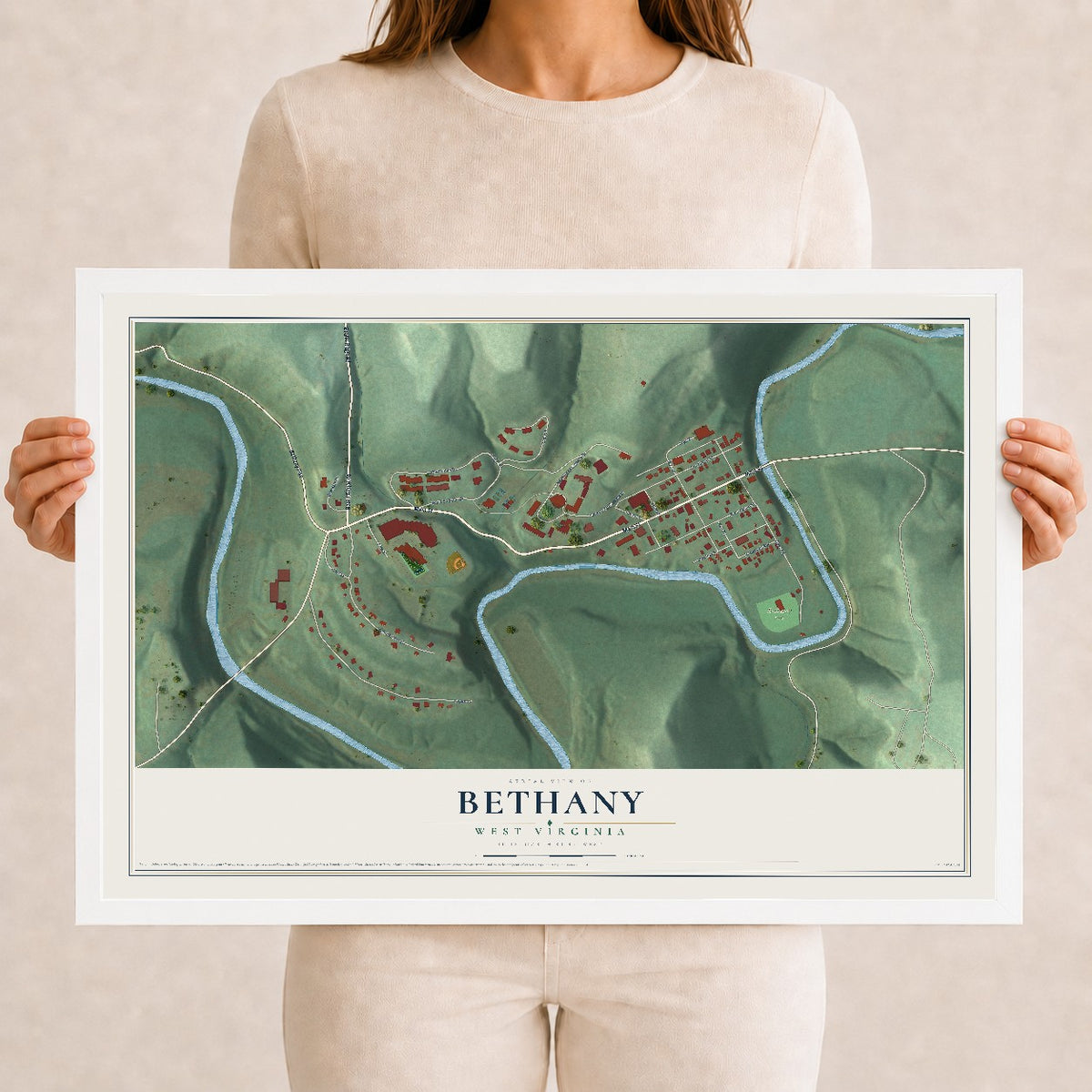 Map of Bethany, West Virginia, 12 x 18 inch print in a white wood frame