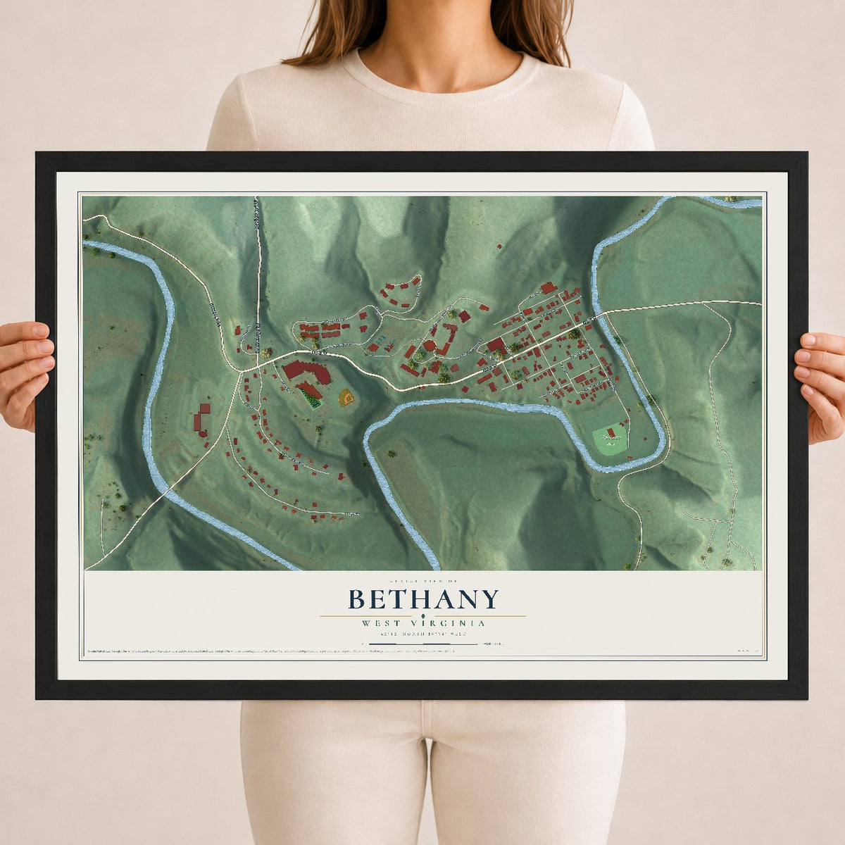 Map of Bethany, West Virginia, 18 x 24 inch print in a black wood frame