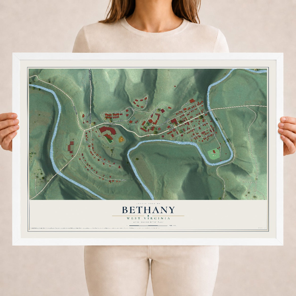 Map of Bethany, West Virginia, 18 x 24 inch print in a white wood frame