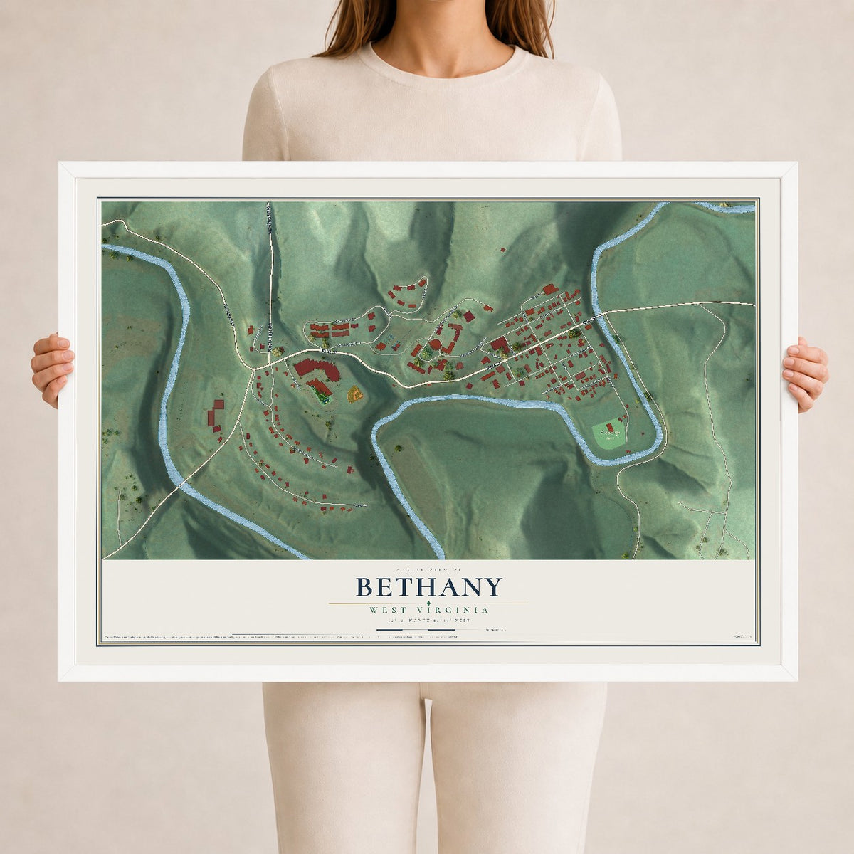 Map of Bethany, West Virginia, 24 x 36 inch print in a white wood frame