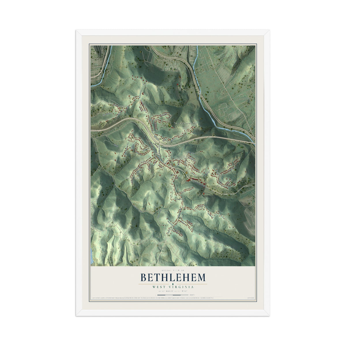 Map of Bethlehem, West Virginia, 12 x 18 inch print in a white wood frame