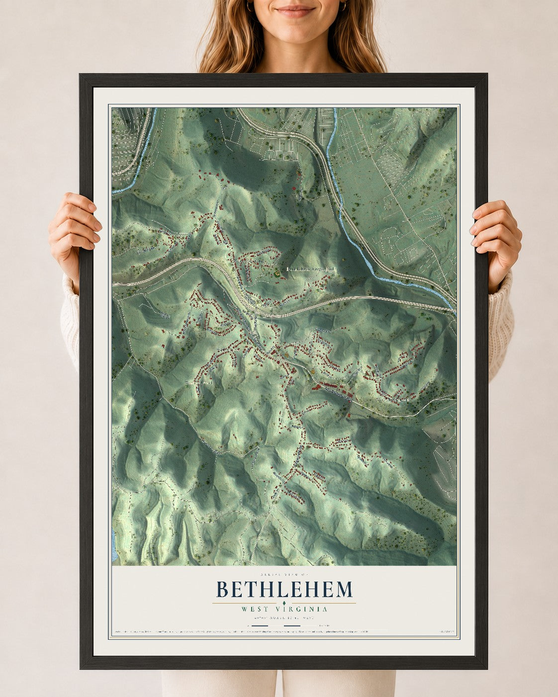 Map of Bethlehem, West Virginia, 24 x 36 inch print in a black wood frame