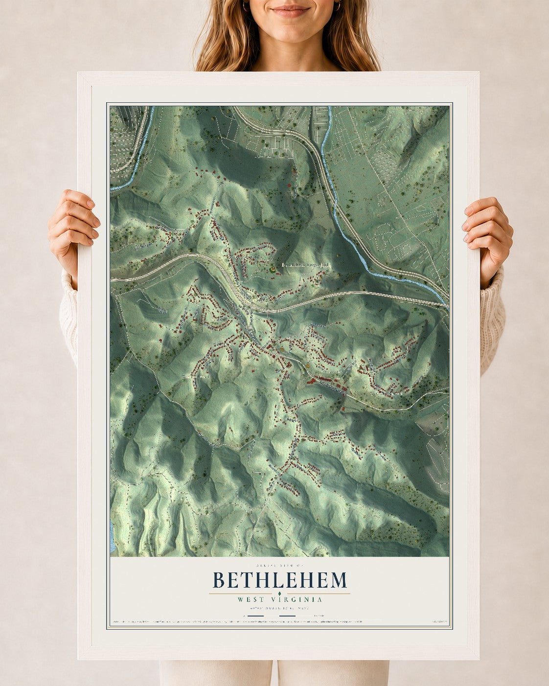 Map of Bethlehem, West Virginia, 24 x 36 inch print in a white wood frame