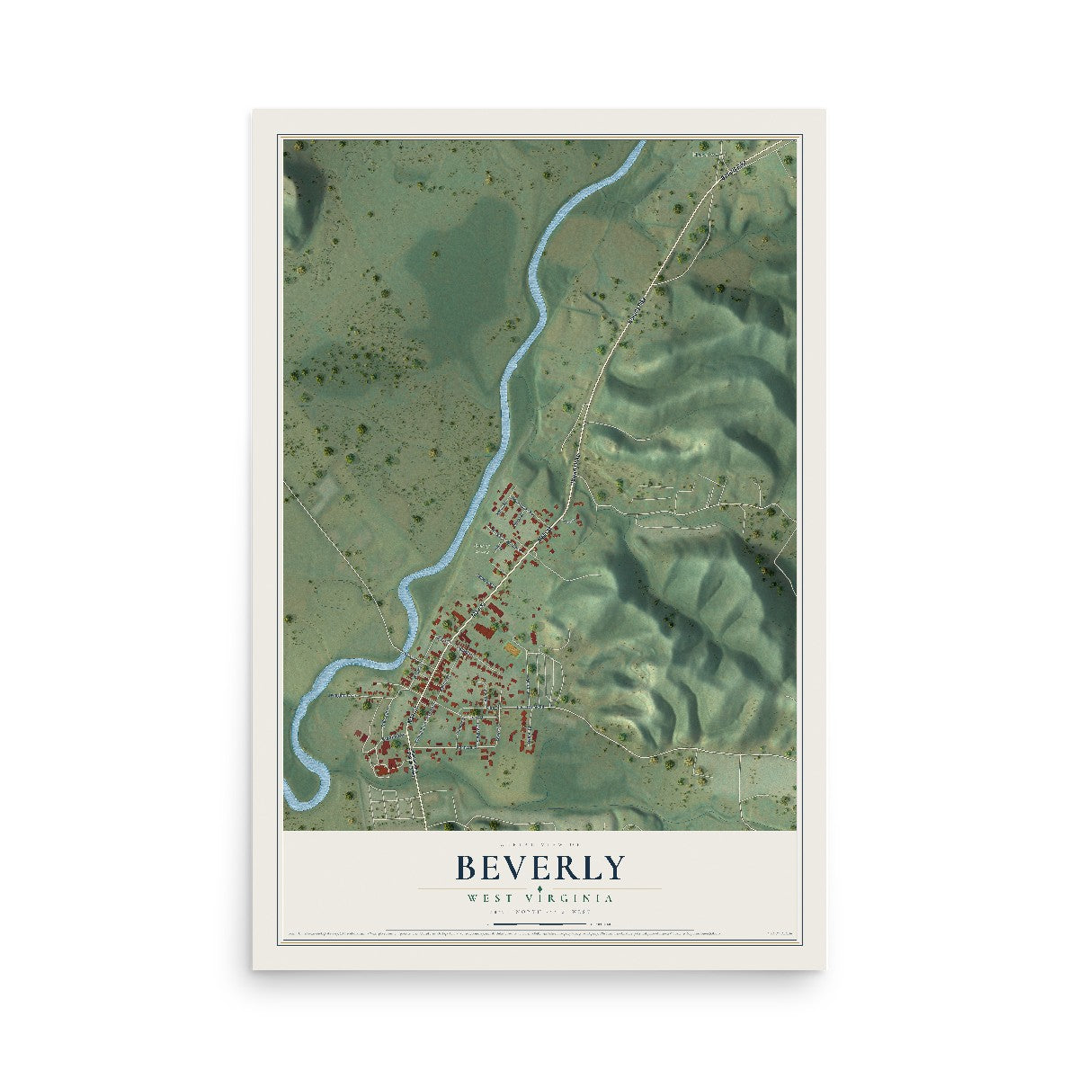 Map of Beverly, West Virginia, 12 x 18 inch unframed archival matte print
