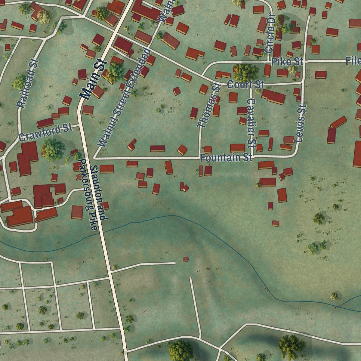 Close-up of the map of Beverly, West Virginia print showing street and building detail