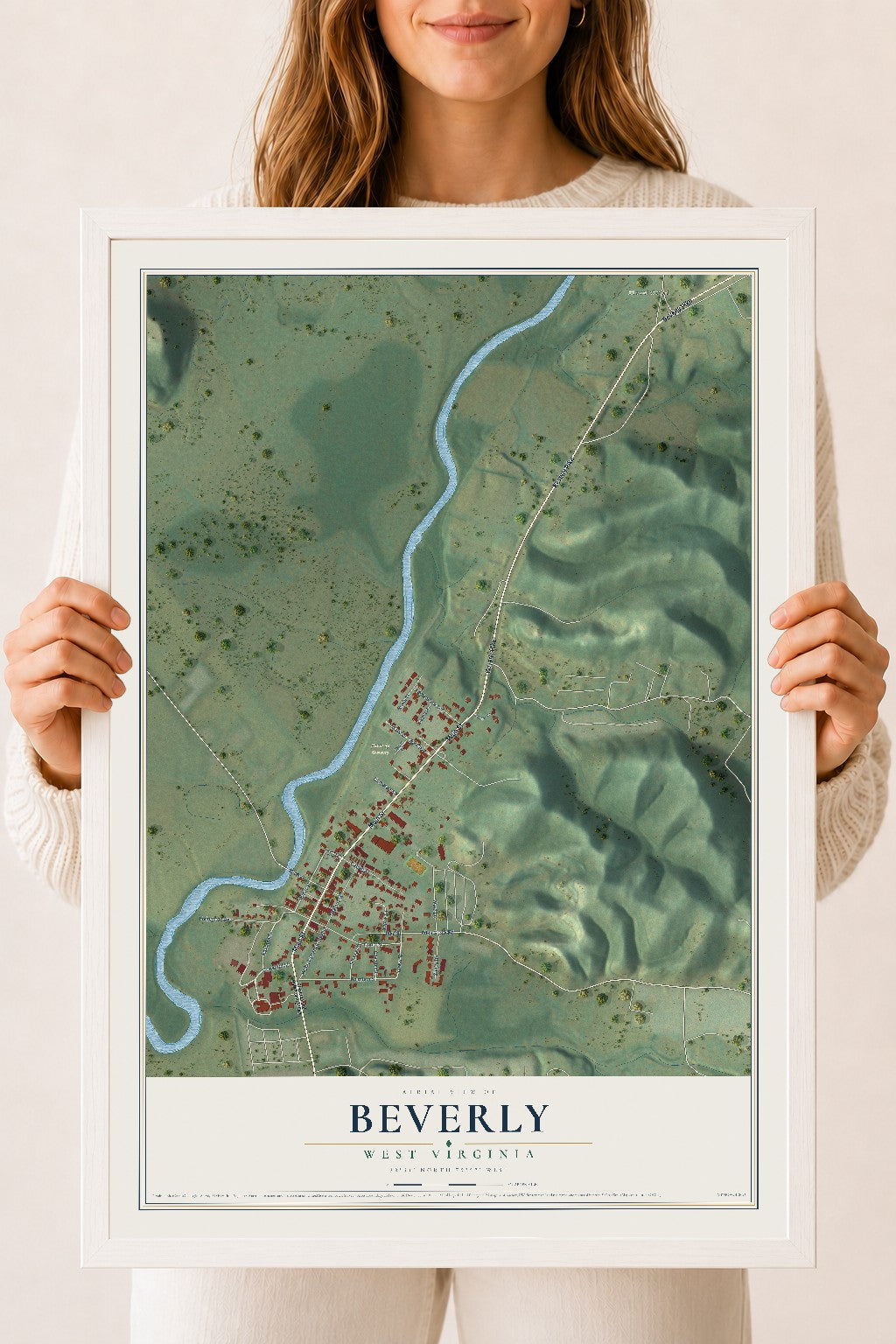 Map of Beverly, West Virginia, 18 x 24 inch print in a white wood frame