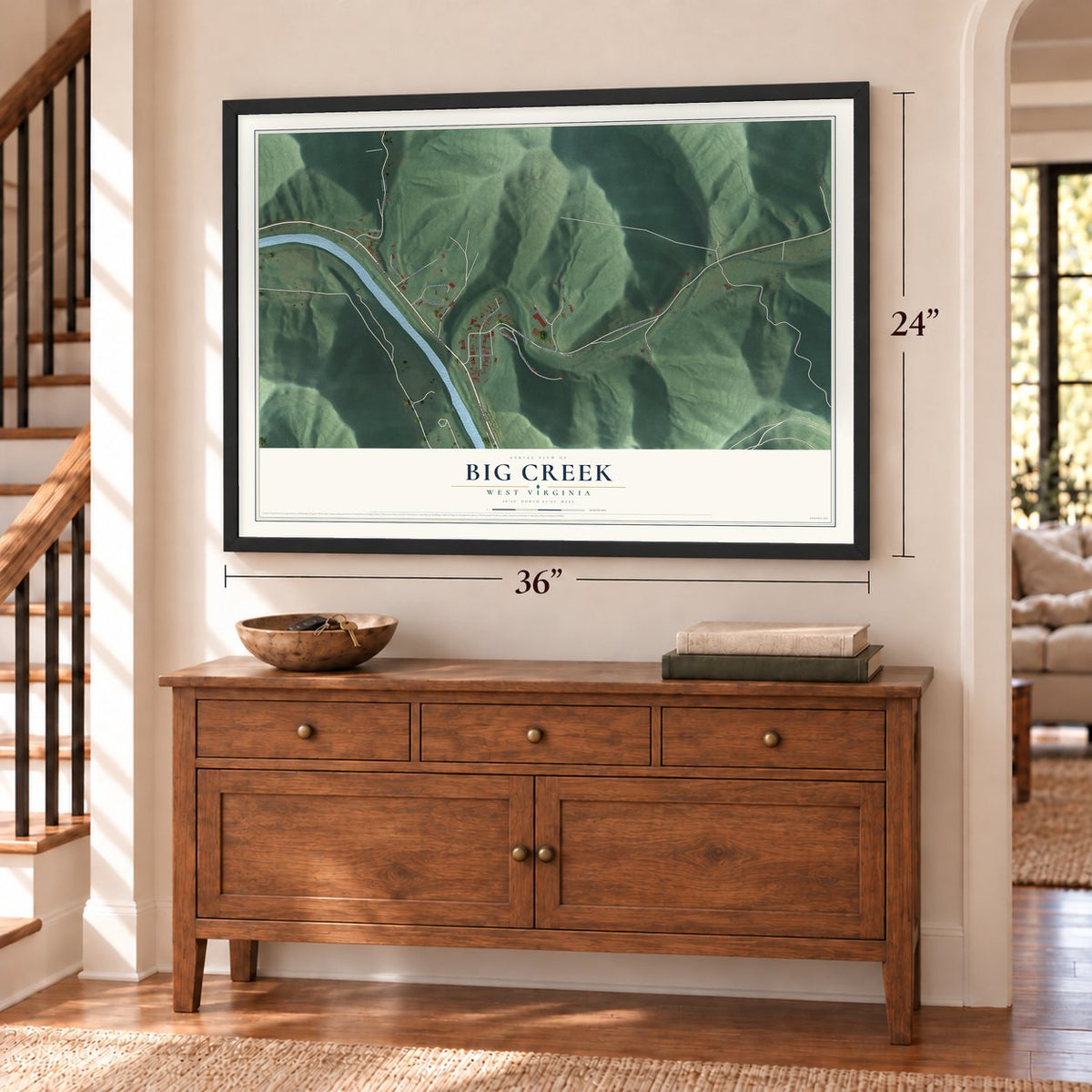 Big Creek, West Virginia map, 24 x 36 inch print in a black frame above a dresser by a staircase