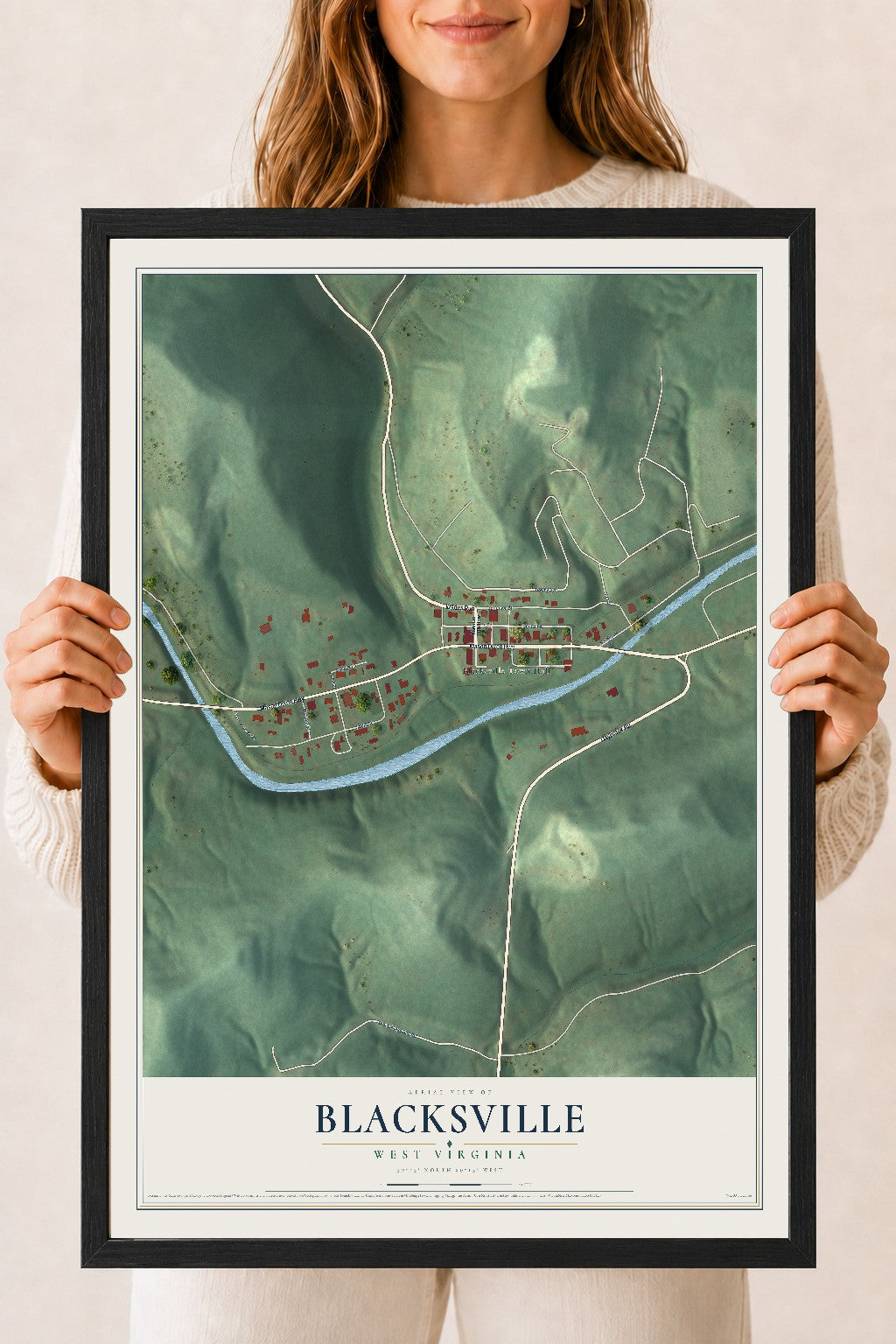 Map of Blacksville, West Virginia, 18 x 24 inch print in a black wood frame