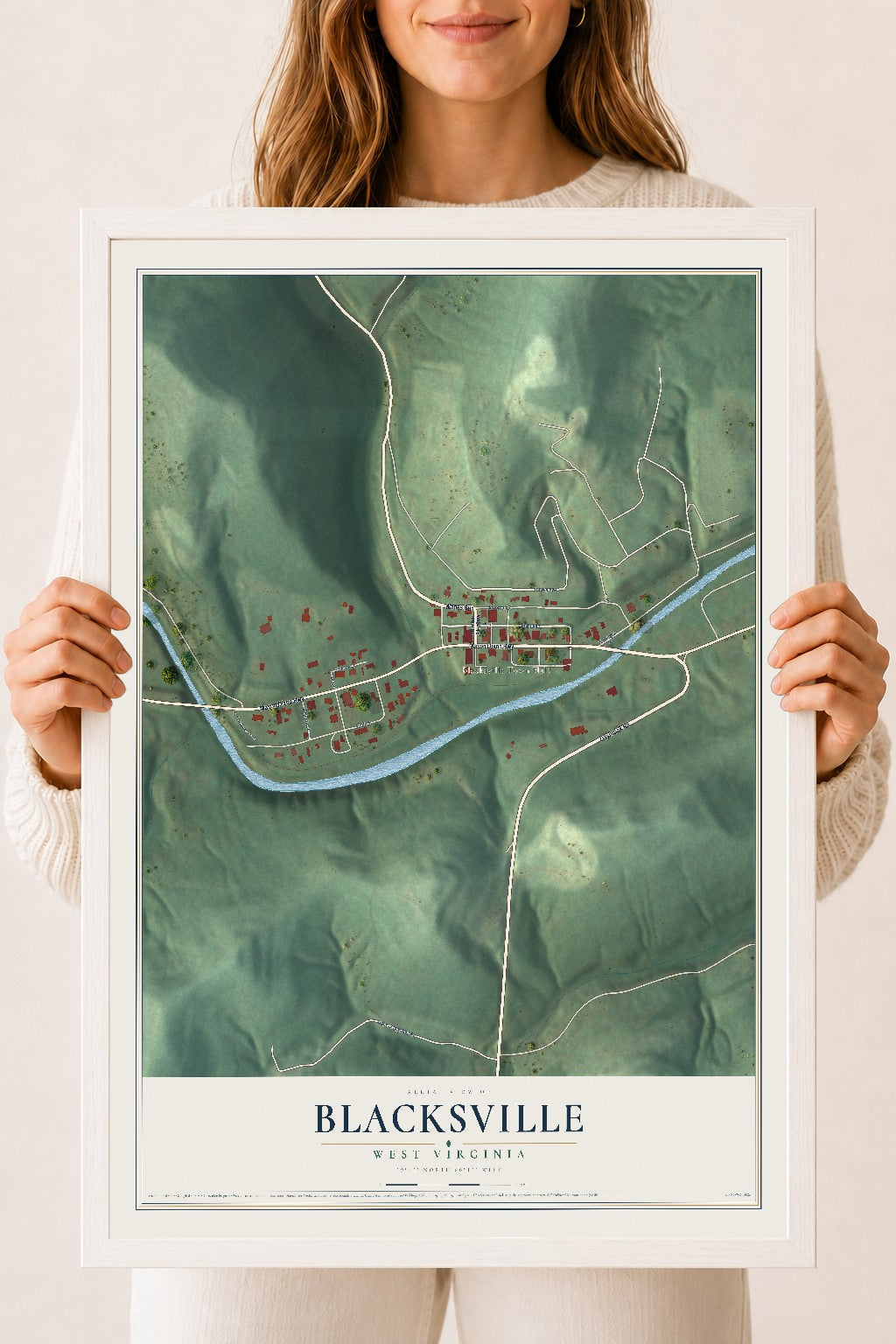 Map of Blacksville, West Virginia, 18 x 24 inch print in a white wood frame