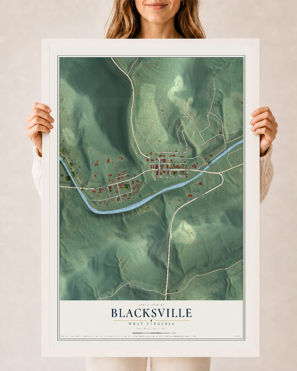 Map of Blacksville, West Virginia, 24 x 36 inch print in a white wood frame