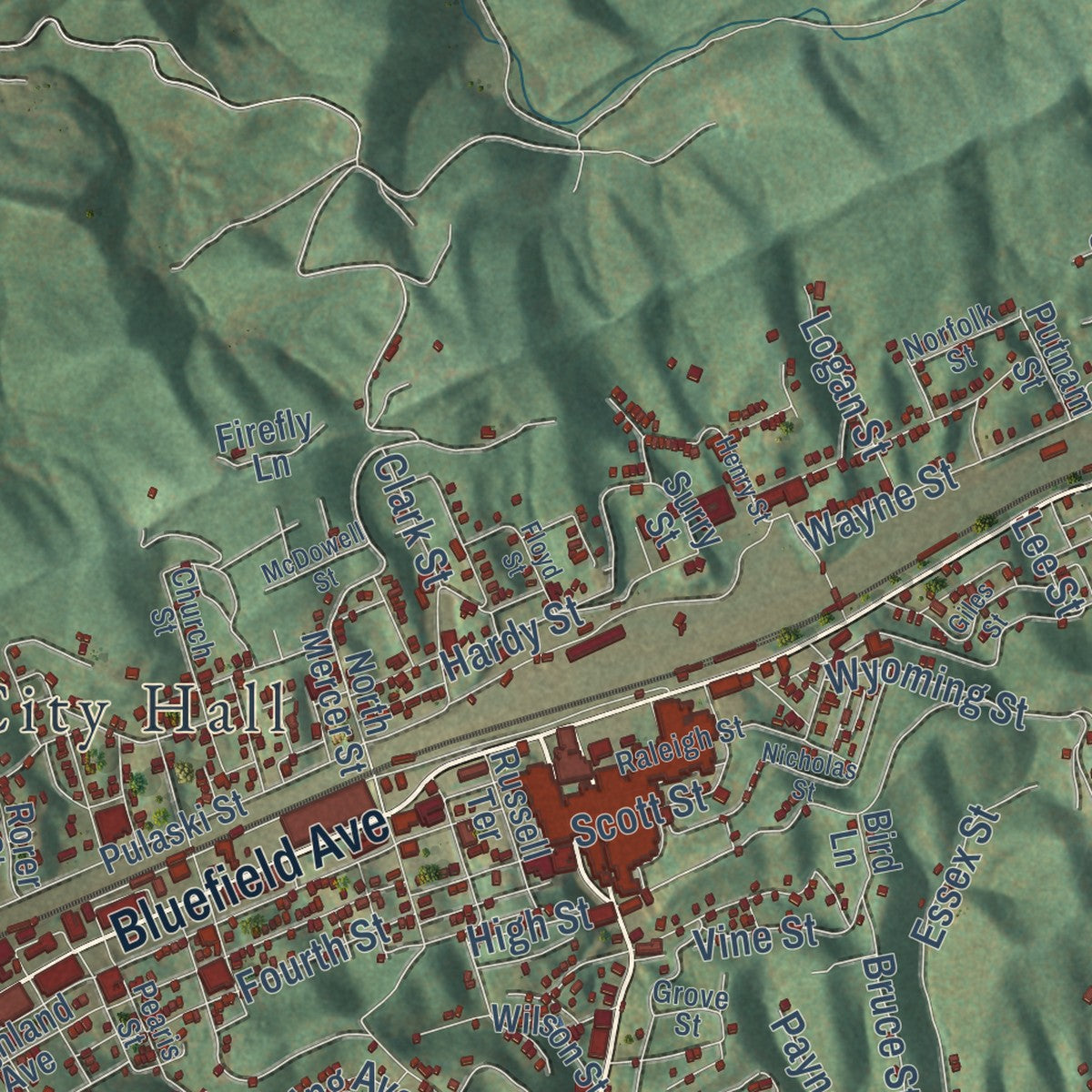 Second close-up of the map of Bluefield, West Virginia print showing more streets and buildings