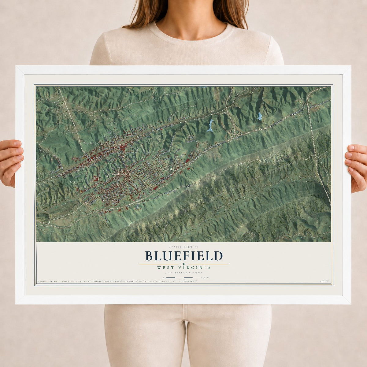 Map of Bluefield, West Virginia, 18 x 24 inch print in a white wood frame