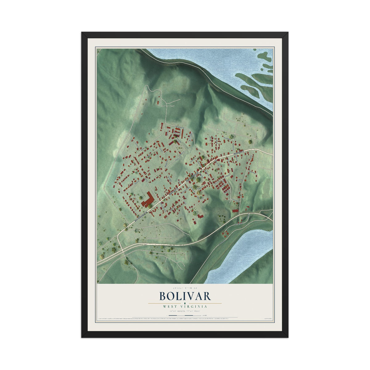 Map of Bolivar, West Virginia, 12 x 18 inch print in a black wood frame