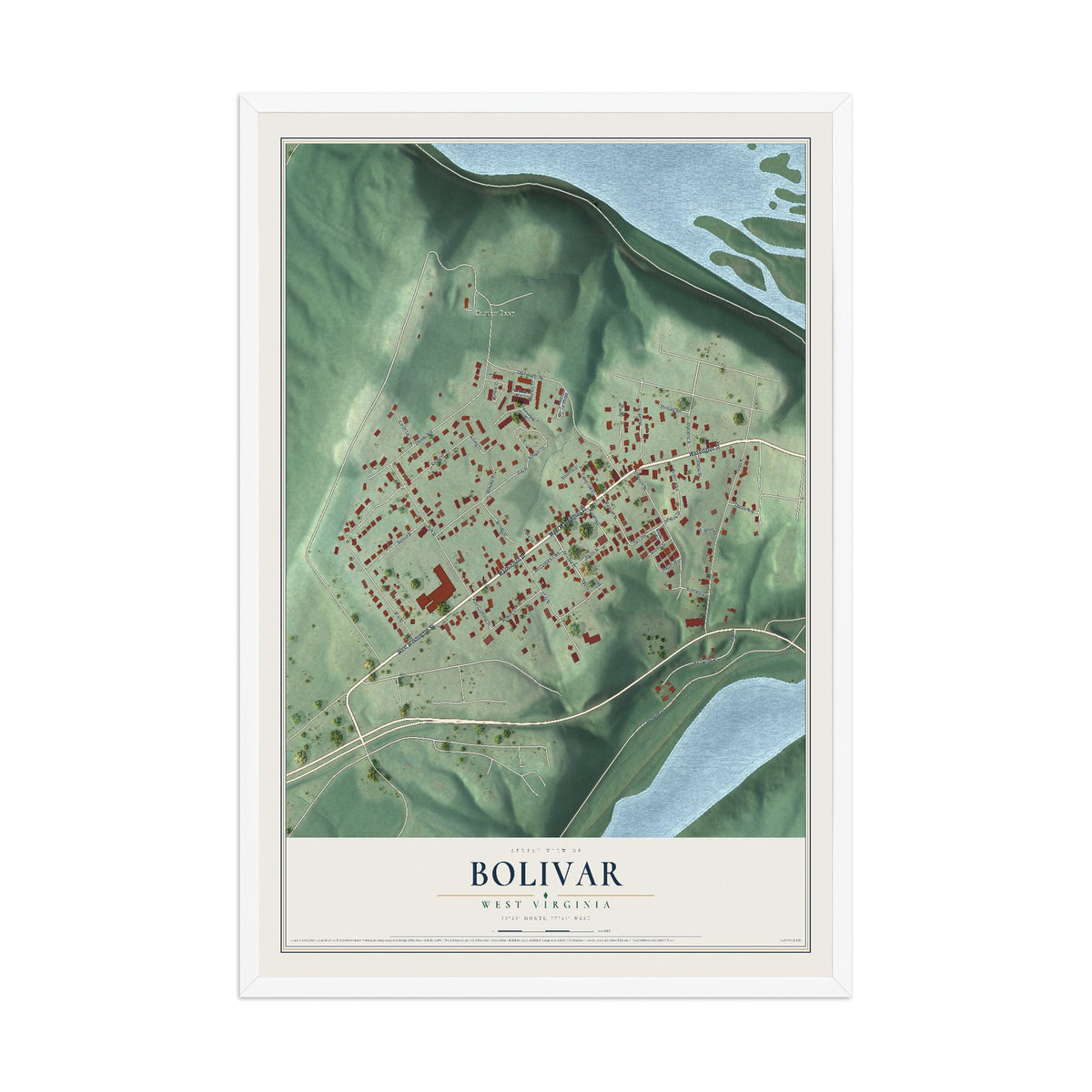 Map of Bolivar, West Virginia, 12 x 18 inch print in a white wood frame