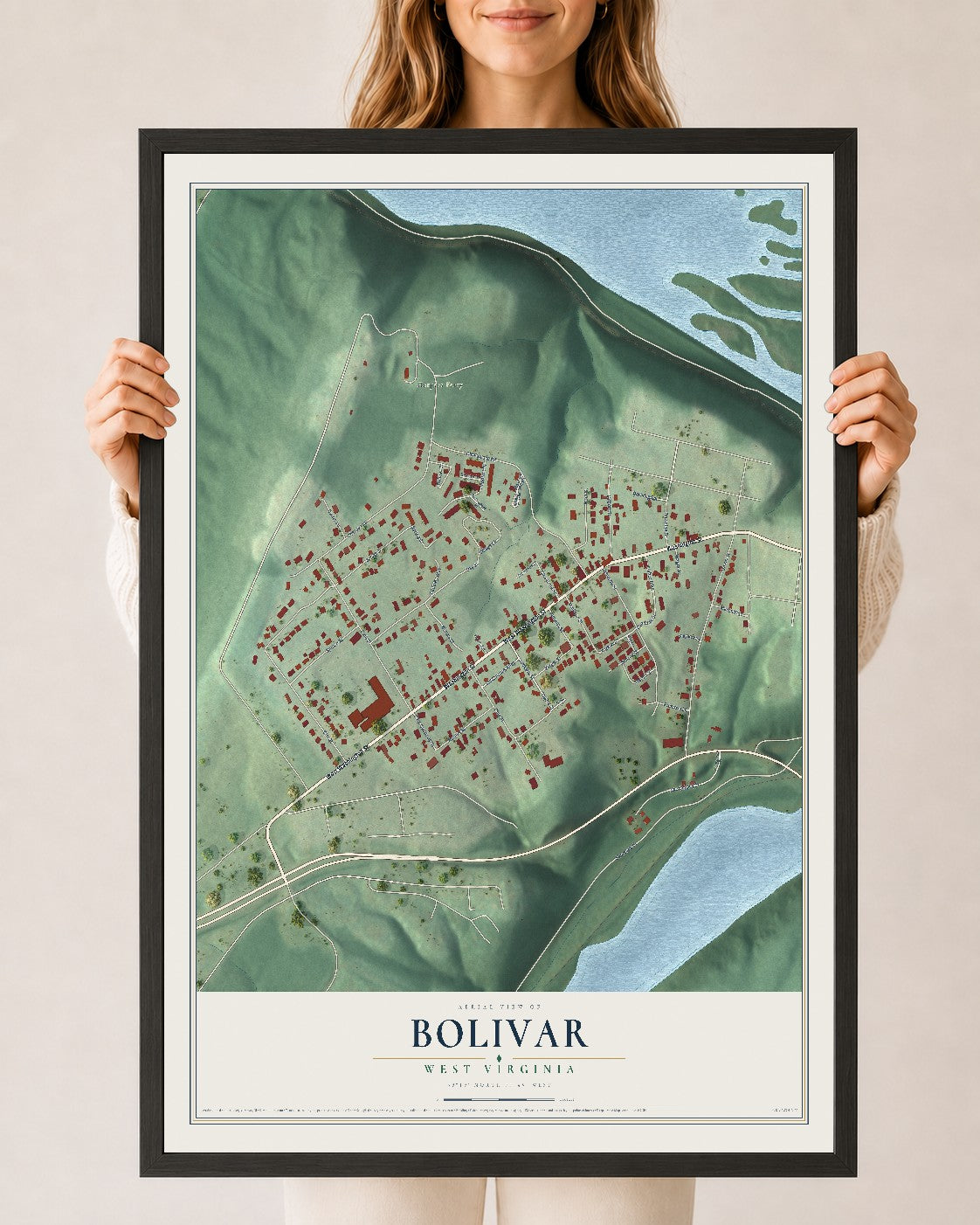 Map of Bolivar, West Virginia, 24 x 36 inch print in a black wood frame