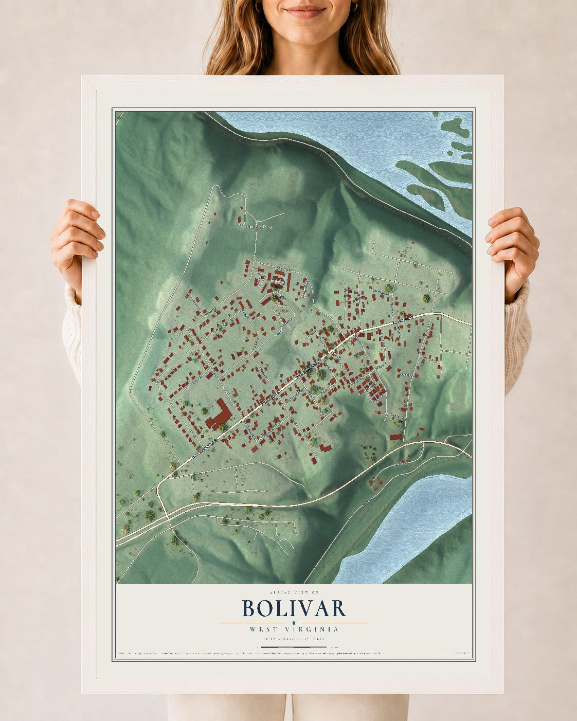 Map of Bolivar, West Virginia, 24 x 36 inch print in a white wood frame