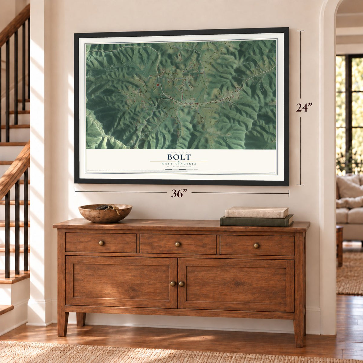 Bolt, West Virginia map, 24 x 36 inch print in a black frame above a dresser by a staircase