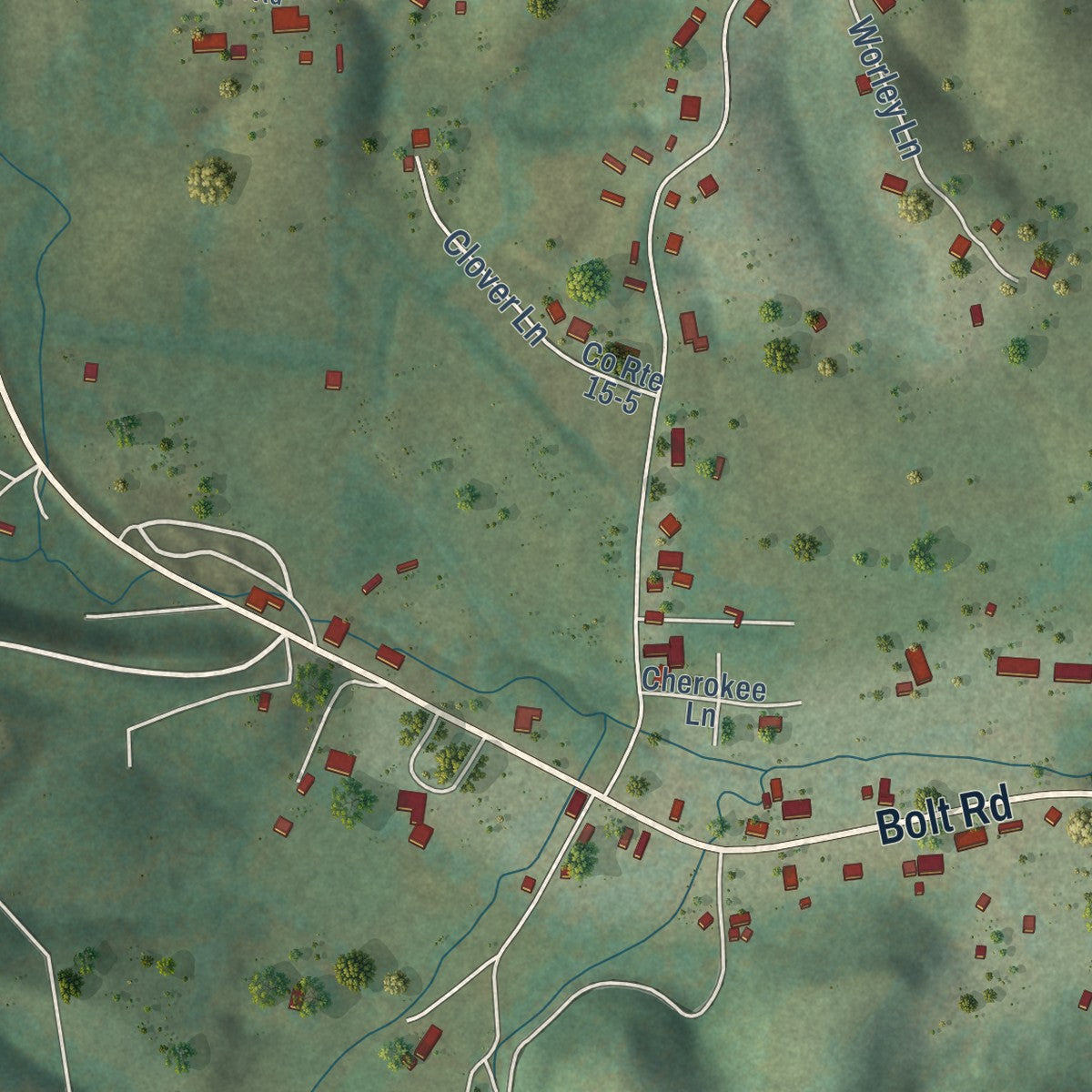 Close-up of the map of Bolt, West Virginia print showing street and building detail