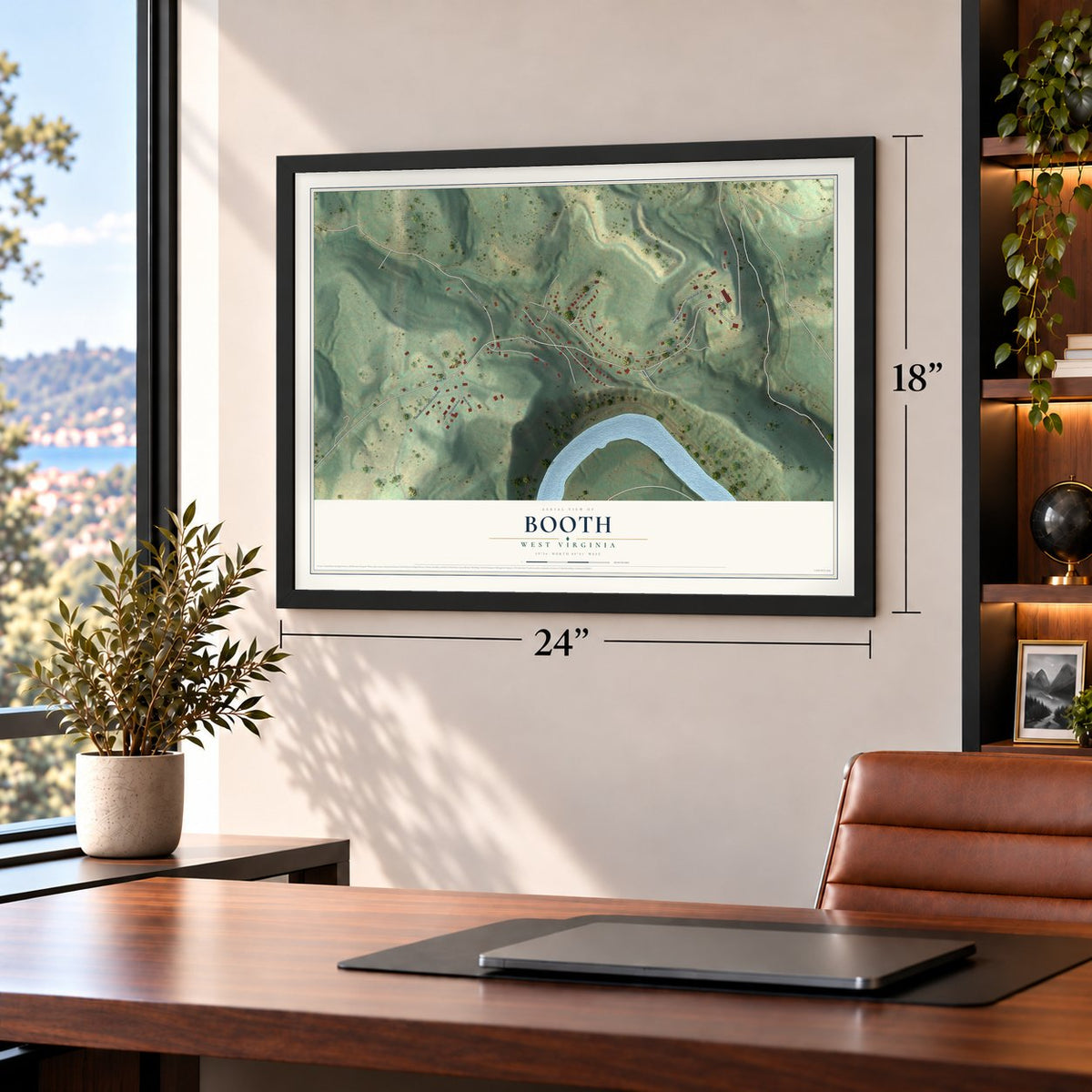 Booth, West Virginia map, 18 x 24 inch print in a black frame in a home office