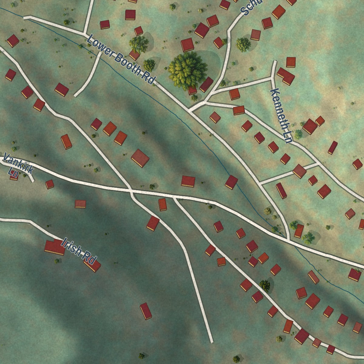 Close-up of the map of Booth, West Virginia print showing street and building detail