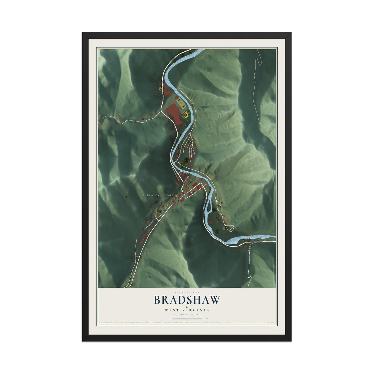 Map of Bradshaw, West Virginia, 12 x 18 inch print in a black wood frame