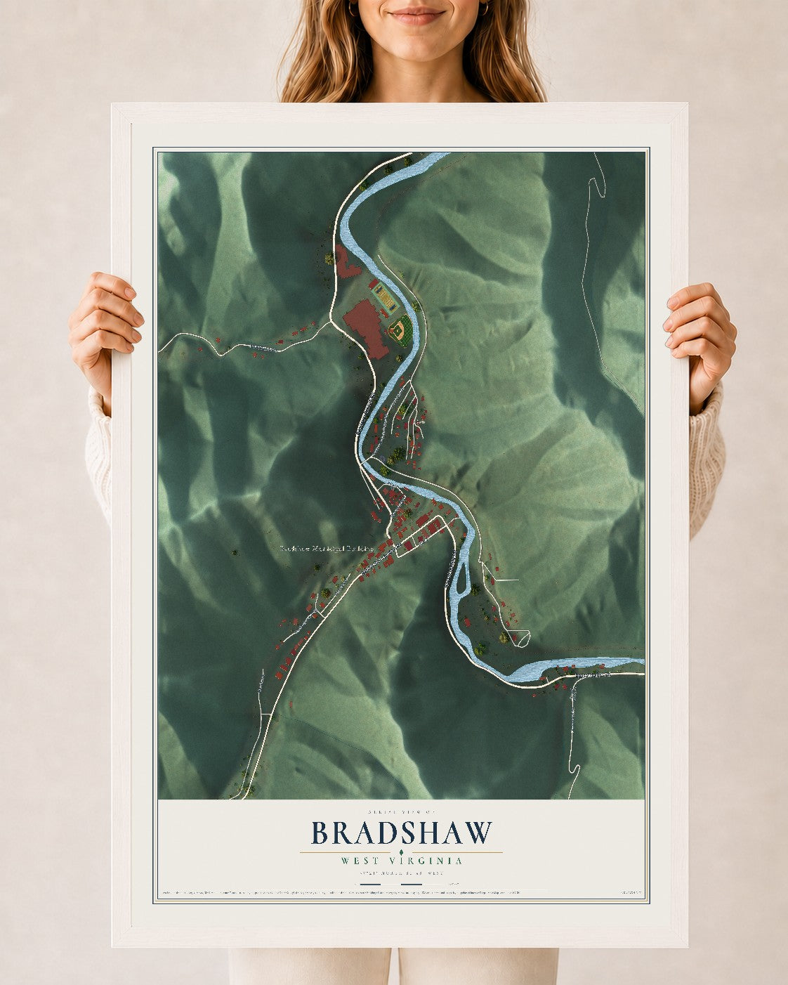 Map of Bradshaw, West Virginia, 24 x 36 inch print in a white wood frame