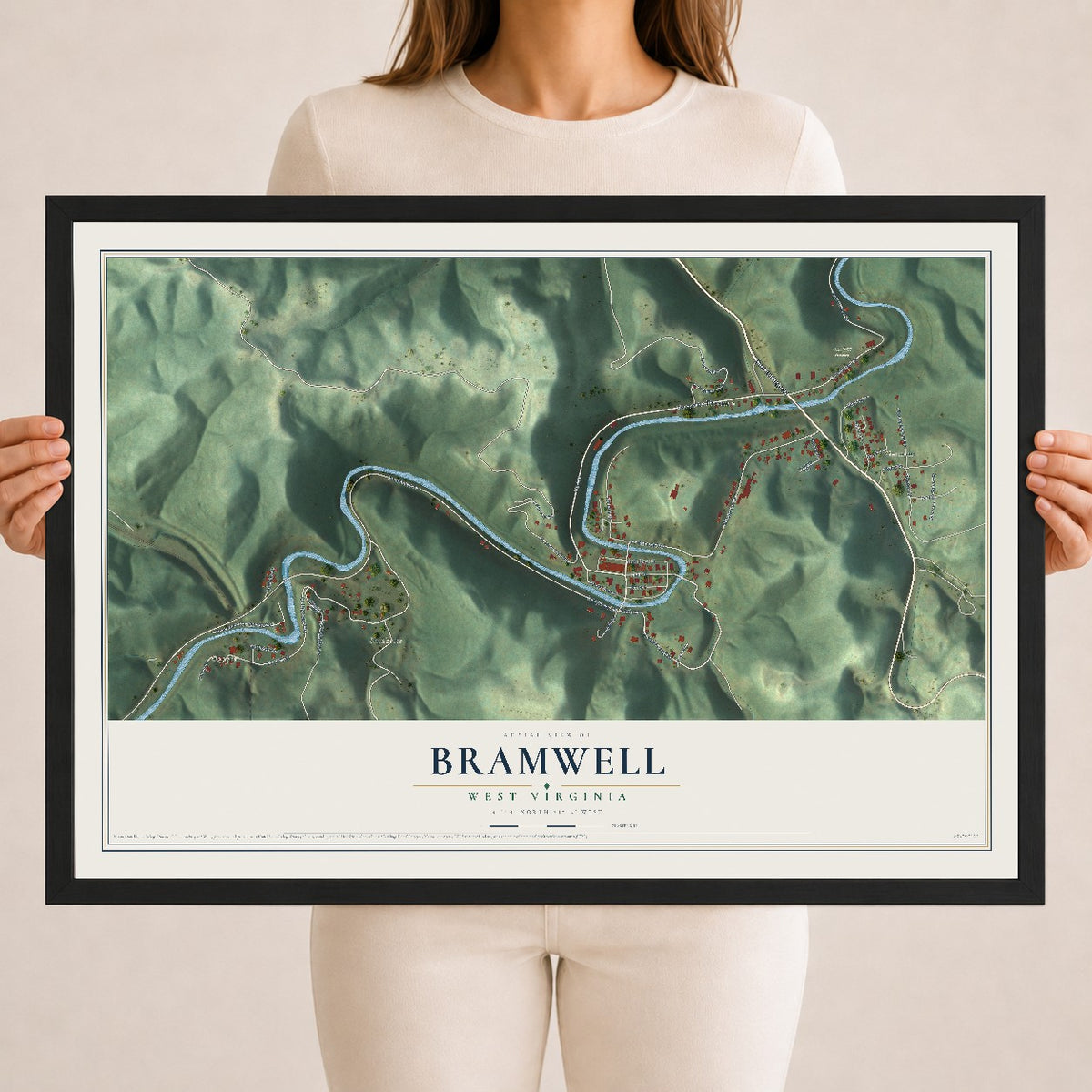 Map of Bramwell, West Virginia, 18 x 24 inch print in a black wood frame