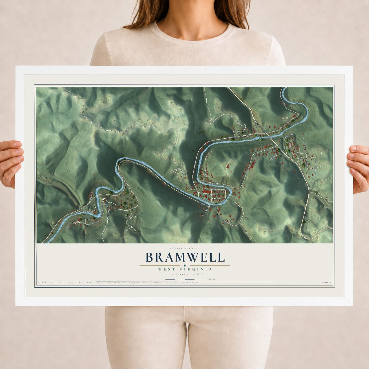 Map of Bramwell, West Virginia, 18 x 24 inch print in a white wood frame