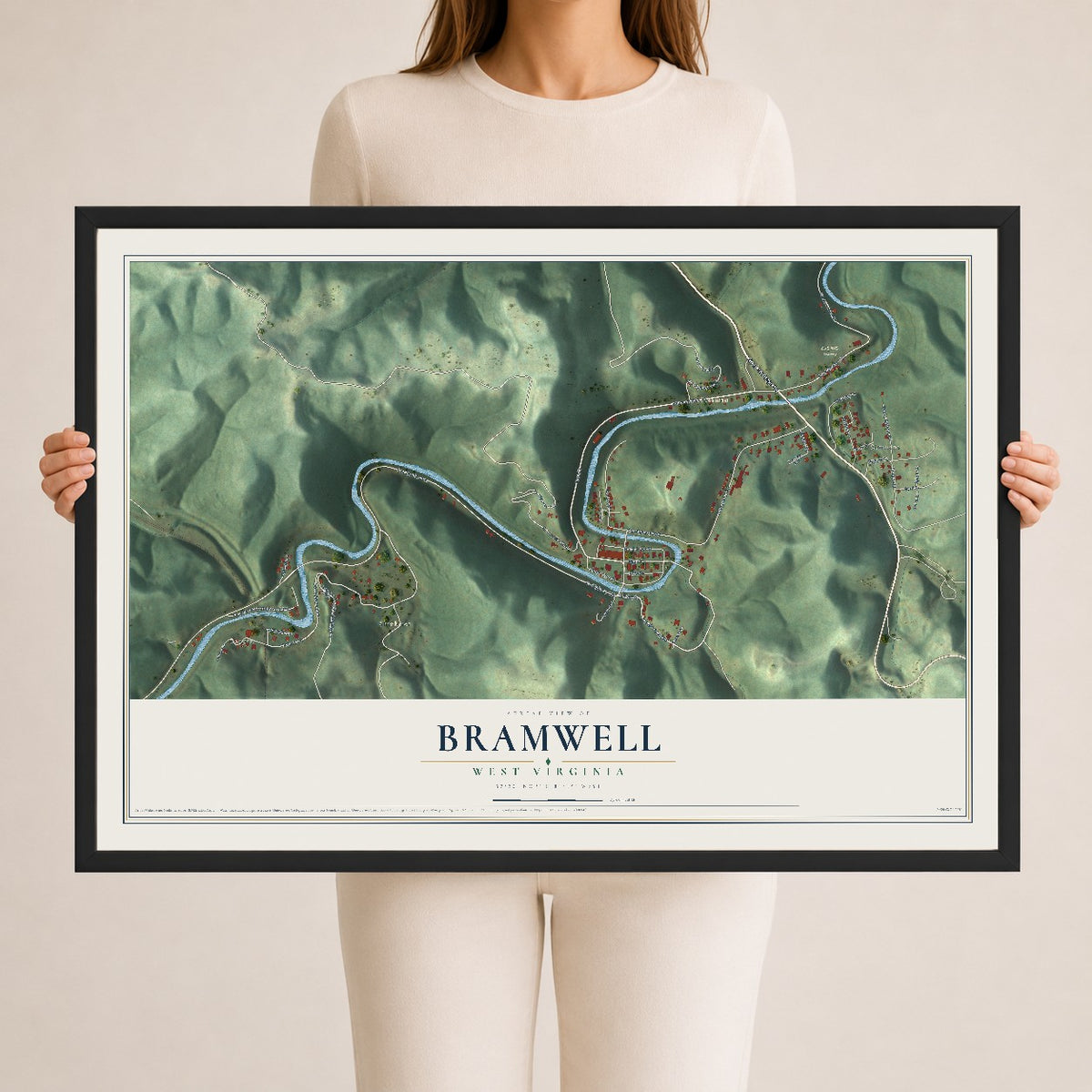 Map of Bramwell, West Virginia, 24 x 36 inch print in a black wood frame