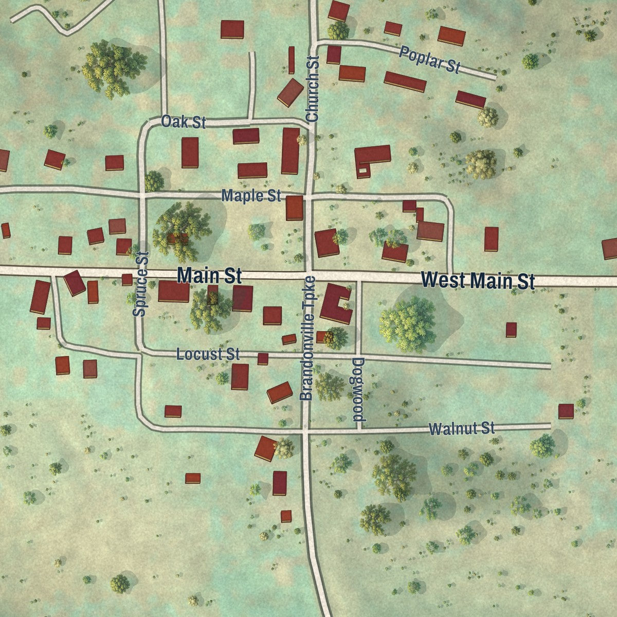 Close-up of the map of Brandonville, West Virginia print showing street and building detail