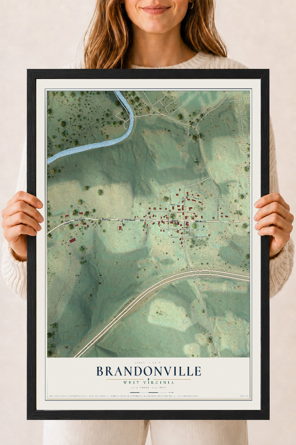 Map of Brandonville, West Virginia, 18 x 24 inch print in a black wood frame