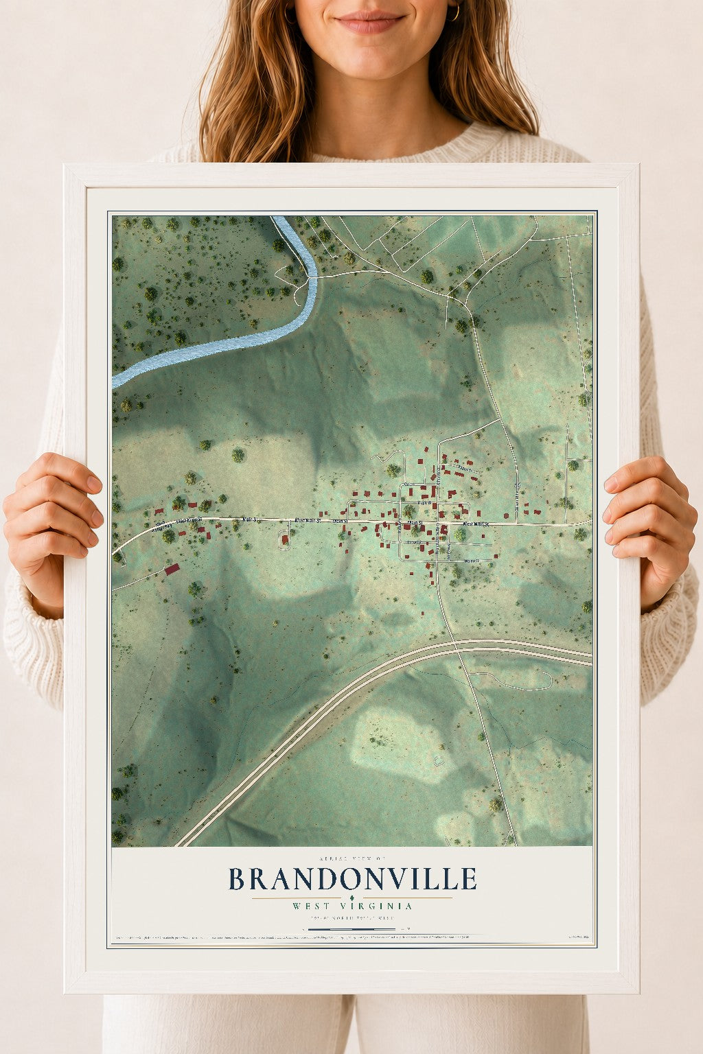 Map of Brandonville, West Virginia, 18 x 24 inch print in a white wood frame