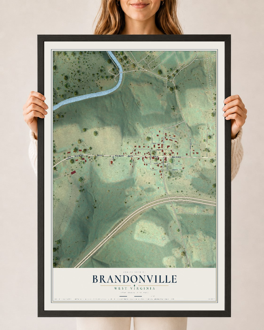 Map of Brandonville, West Virginia, 24 x 36 inch print in a black wood frame