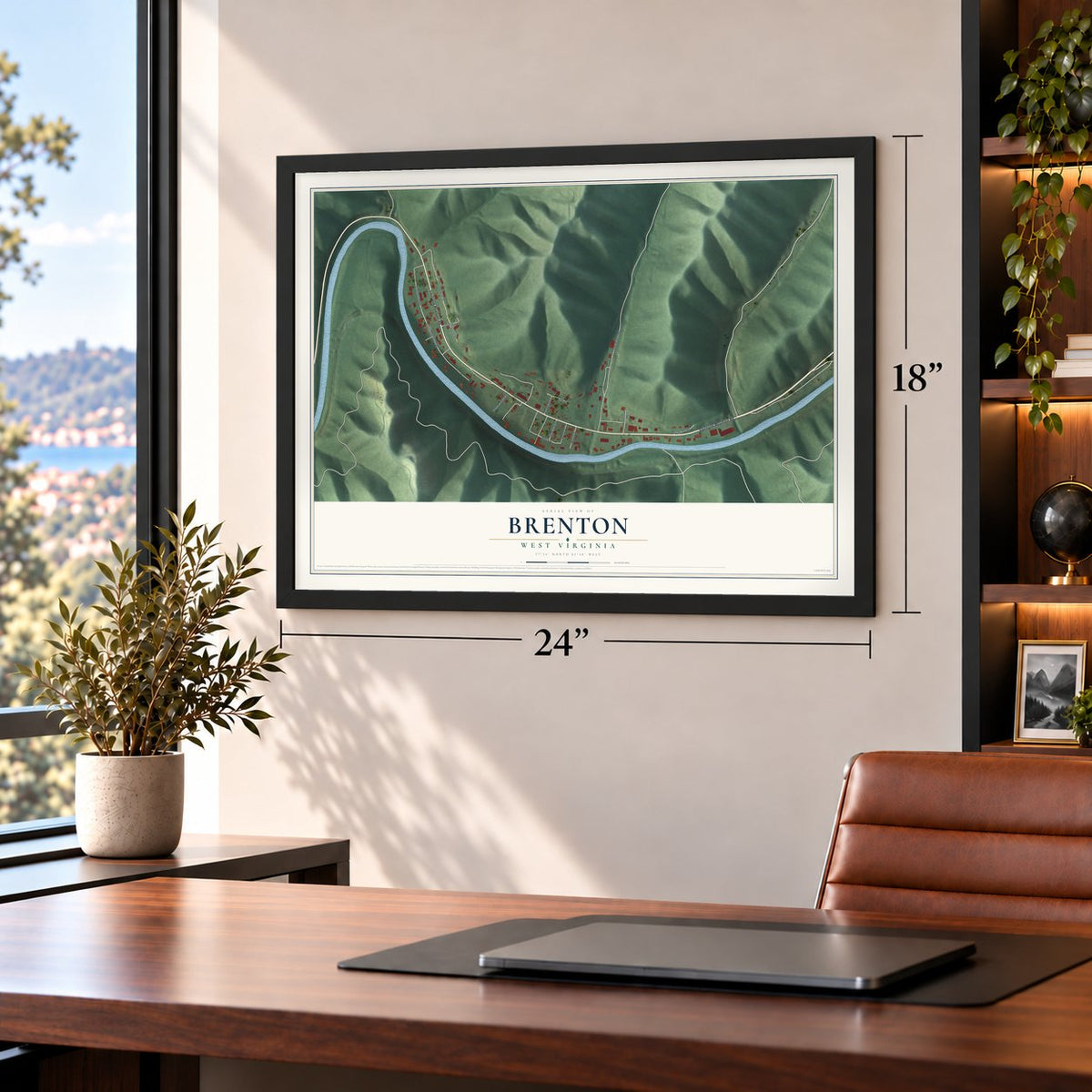 Brenton, West Virginia map, 18 x 24 inch print in a black frame in a home office