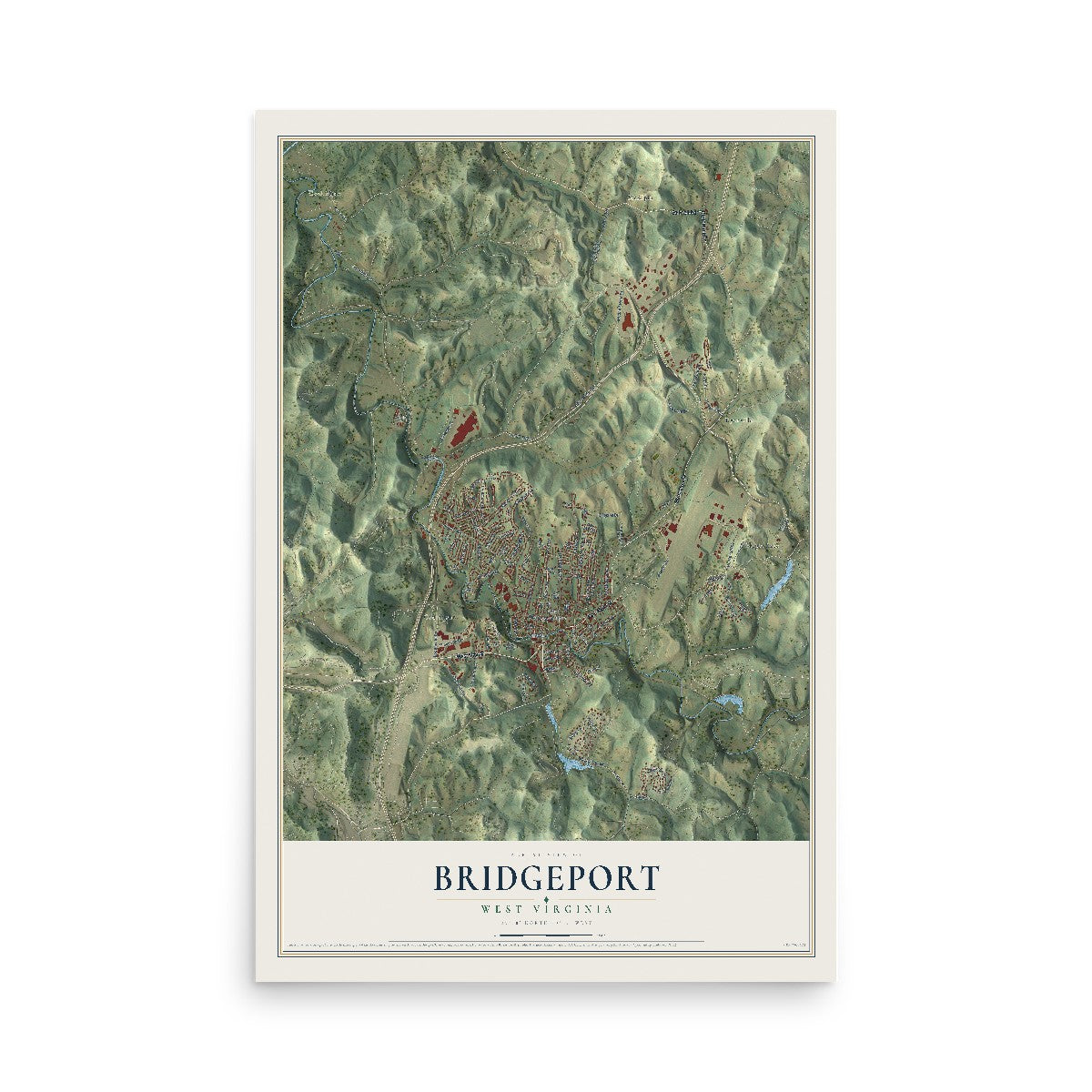 Map of Bridgeport, West Virginia, 12 x 18 inch unframed archival matte print