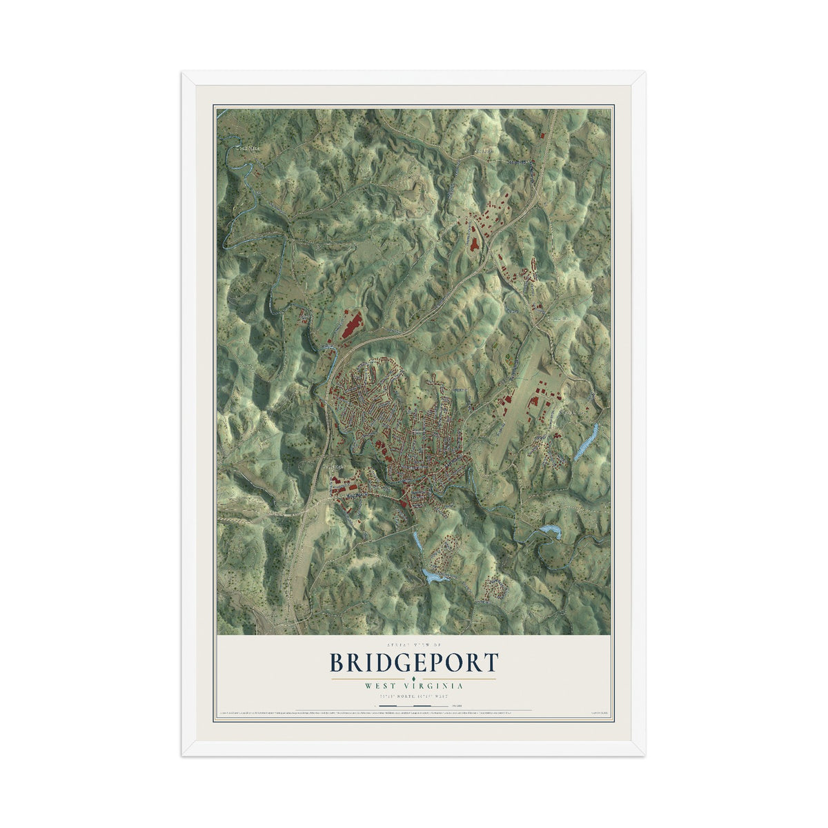 Map of Bridgeport, West Virginia, 12 x 18 inch print in a white wood frame