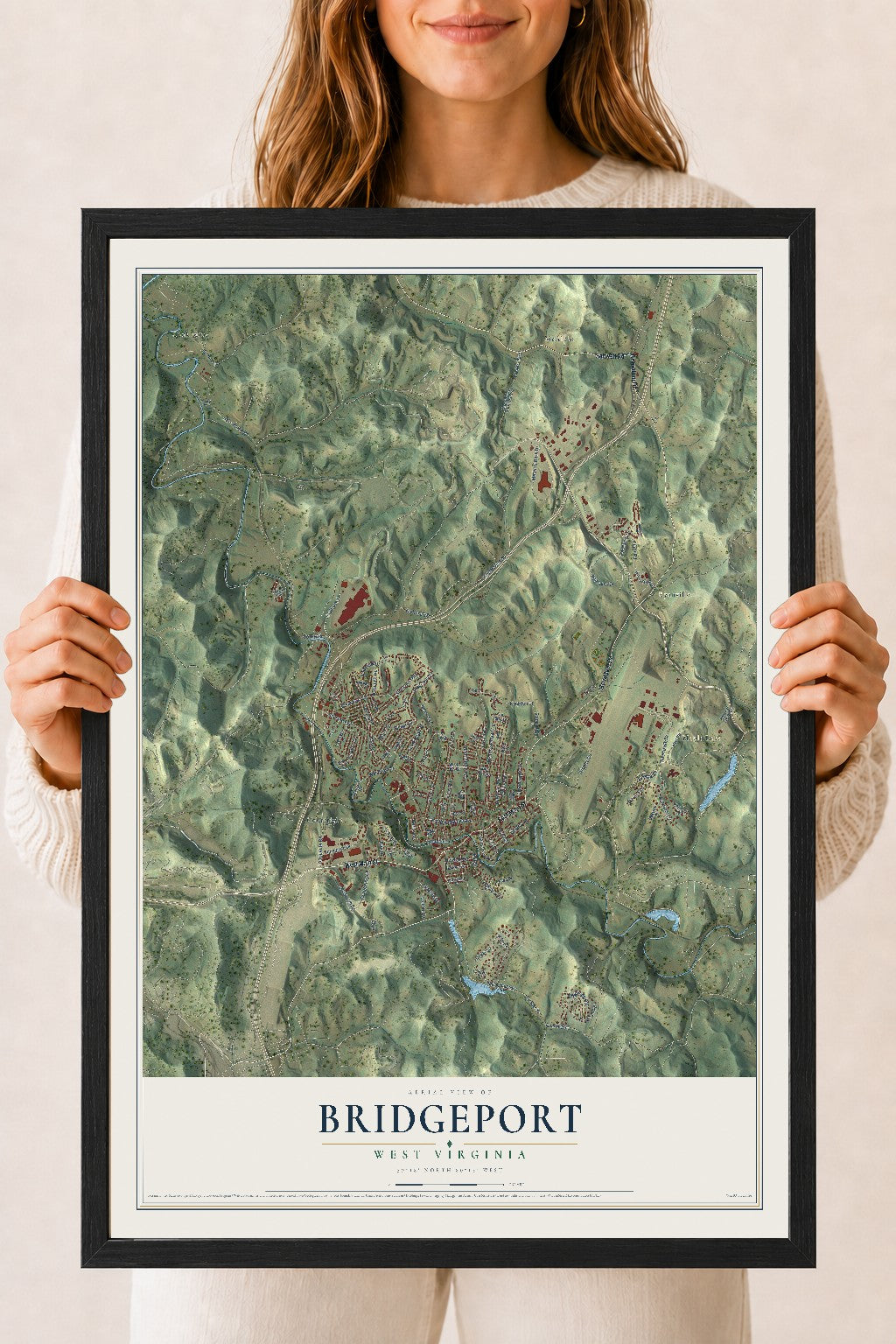 Map of Bridgeport, West Virginia, 18 x 24 inch print in a black wood frame