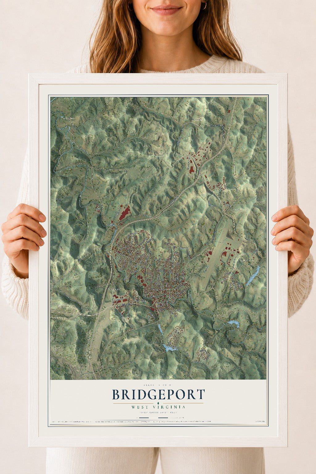 Map of Bridgeport, West Virginia, 18 x 24 inch print in a white wood frame