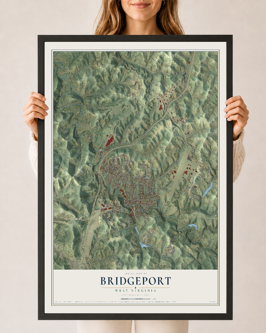 Map of Bridgeport, West Virginia, 24 x 36 inch print in a black wood frame