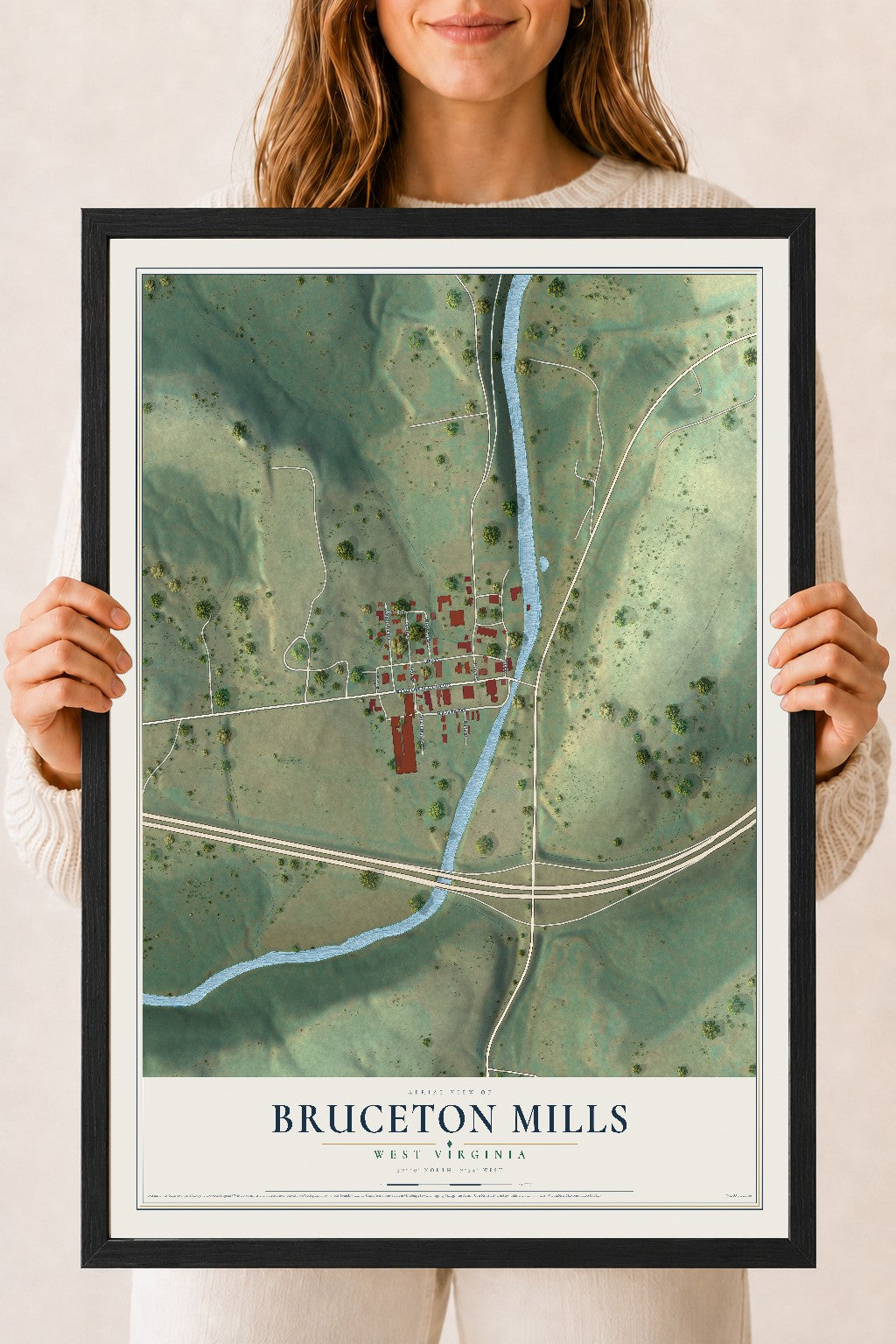 Map of Bruceton Mills, West Virginia, 18 x 24 inch print in a black wood frame