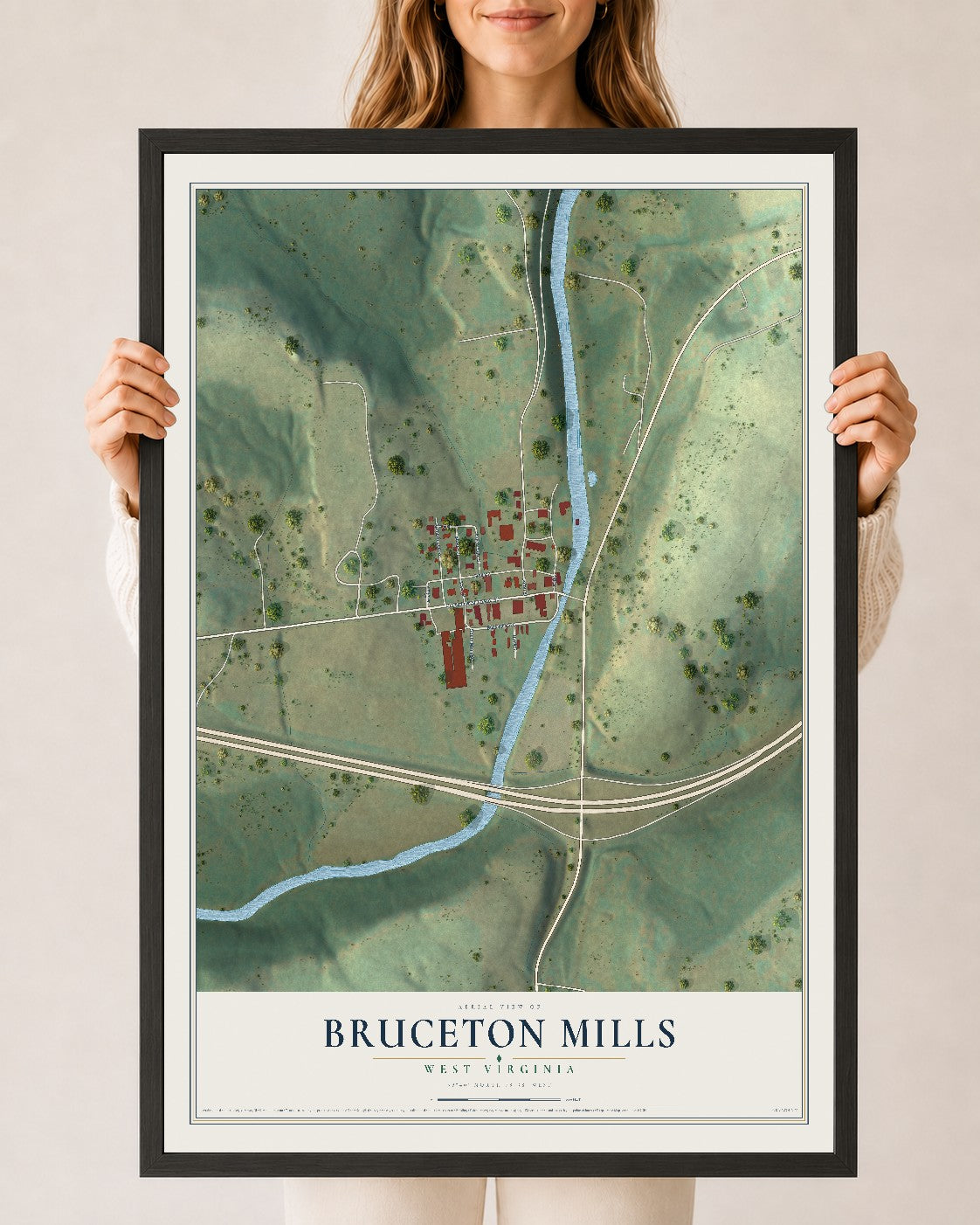 Map of Bruceton Mills, West Virginia, 24 x 36 inch print in a black wood frame