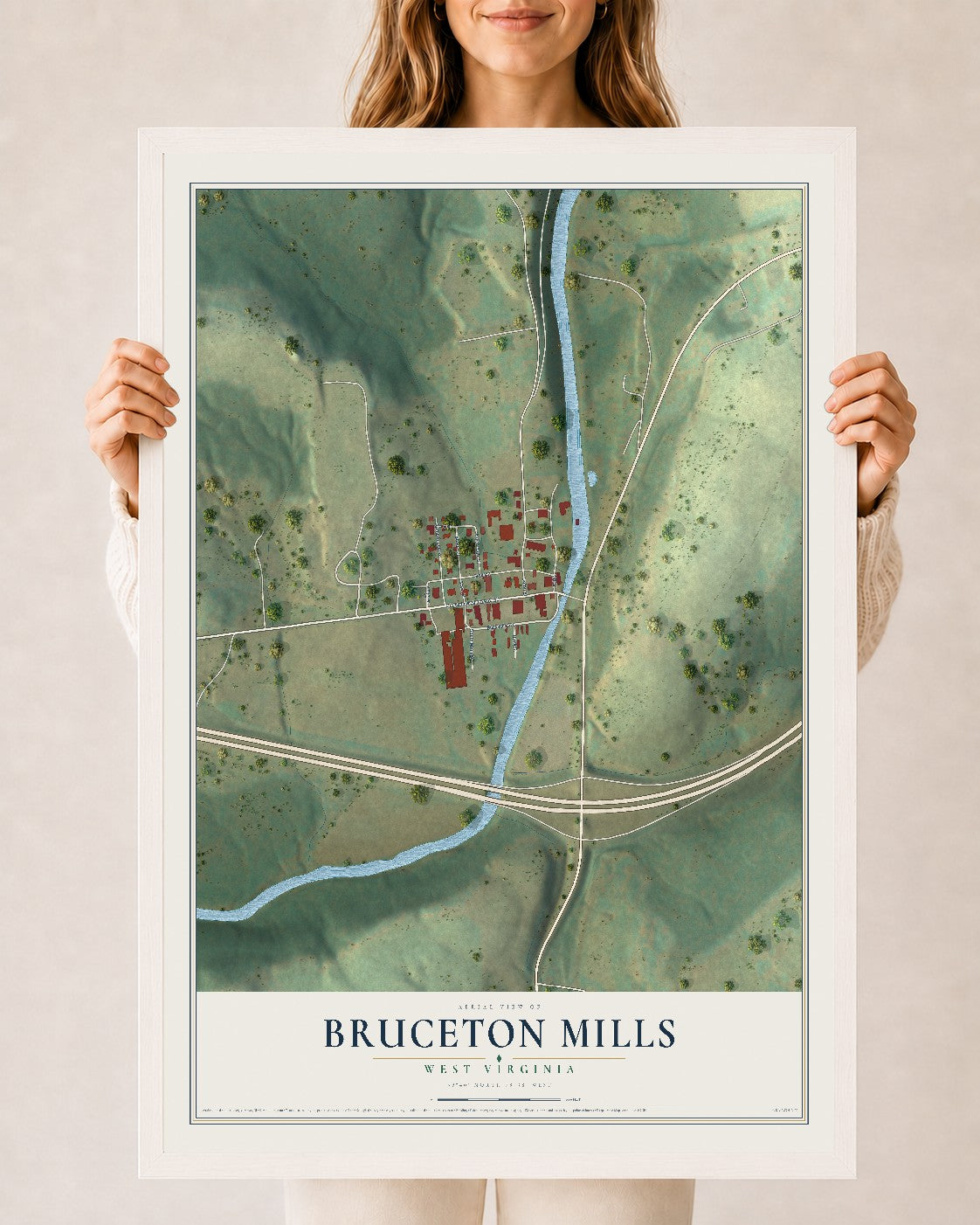 Map of Bruceton Mills, West Virginia, 24 x 36 inch print in a white wood frame