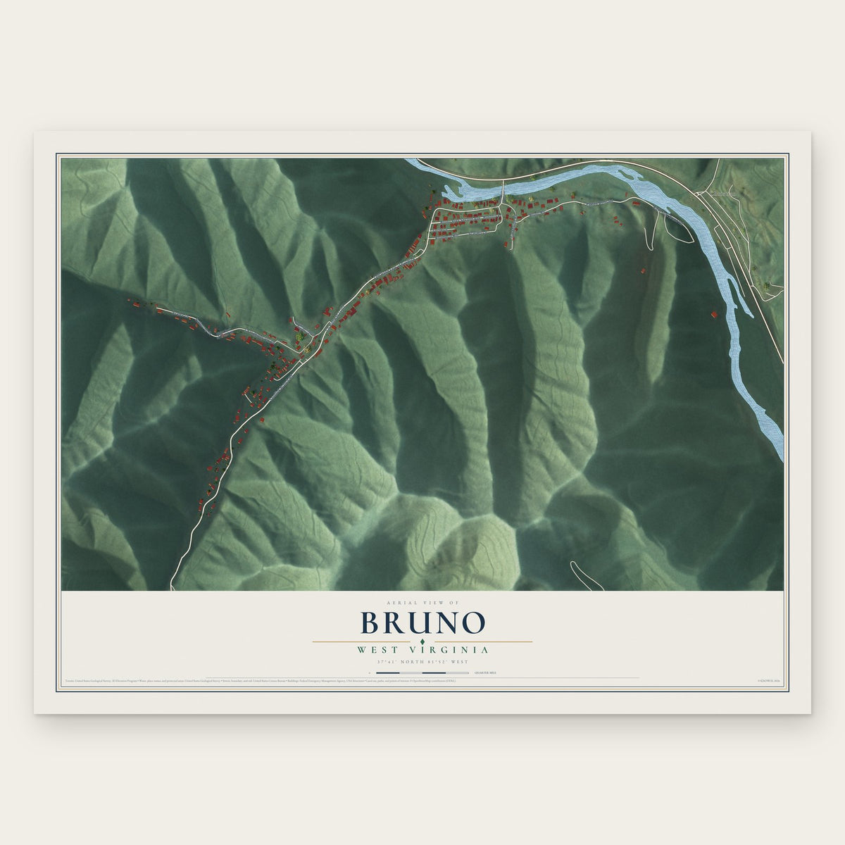 Bruno, West Virginia map print, the full design