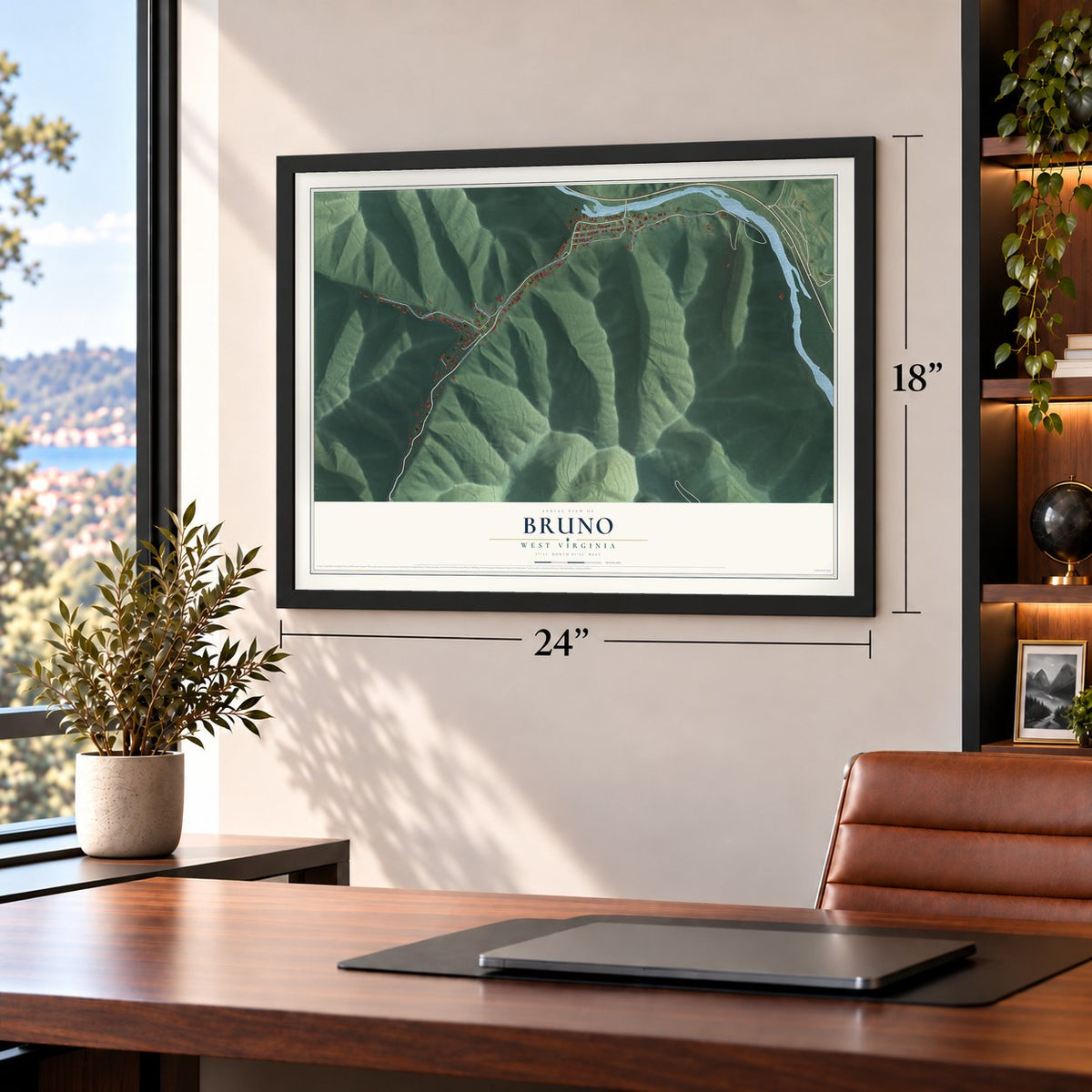 Bruno, West Virginia map, 18 x 24 inch print in a black frame in a home office