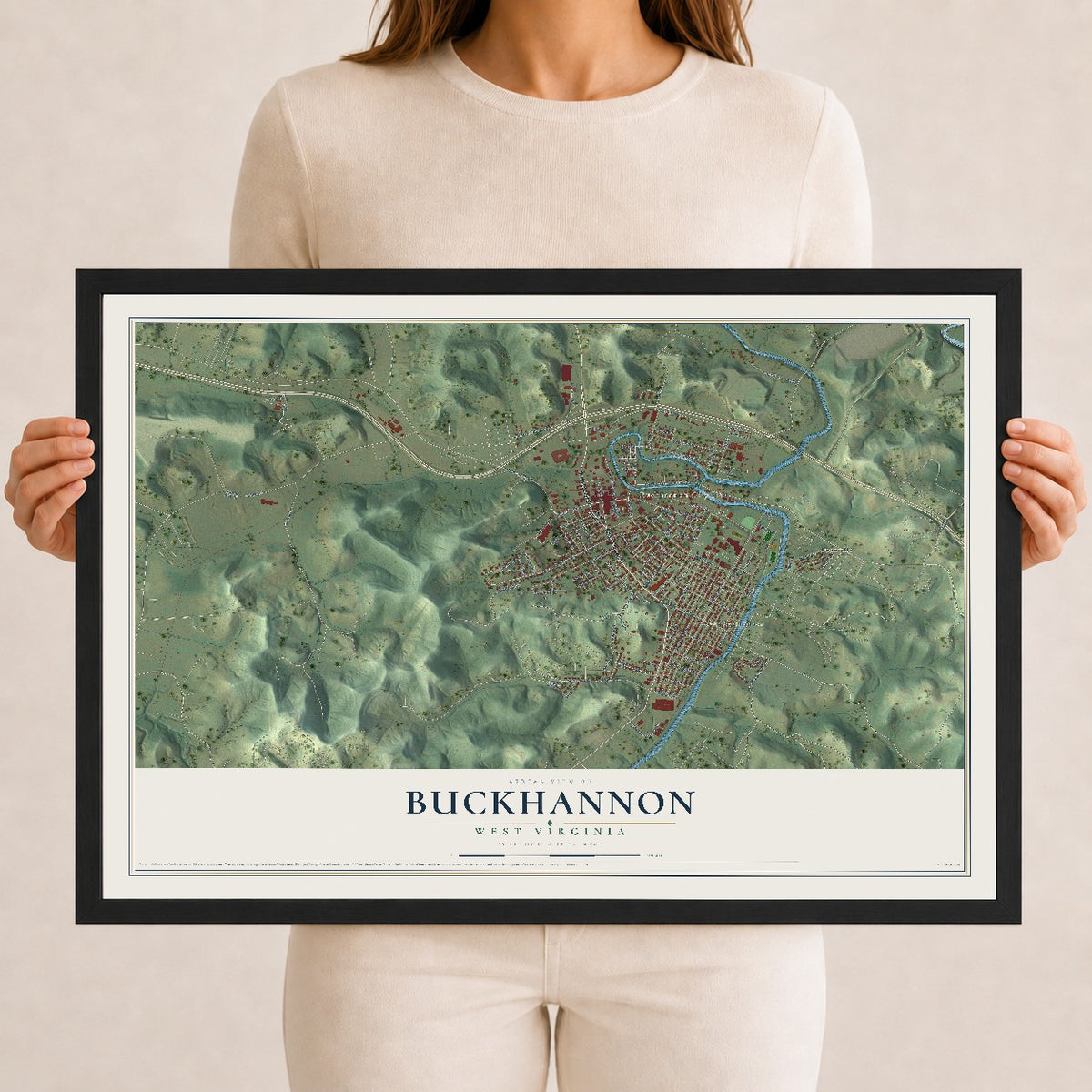 Map of Buckhannon, West Virginia, 12 x 18 inch print in a black wood frame