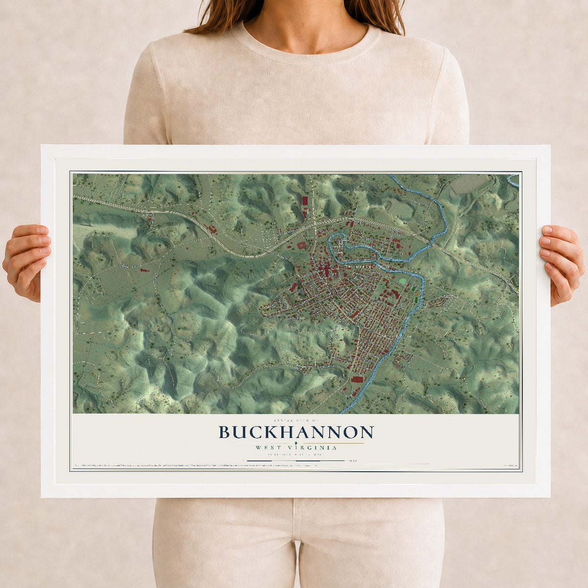 Map of Buckhannon, West Virginia, 12 x 18 inch print in a white wood frame