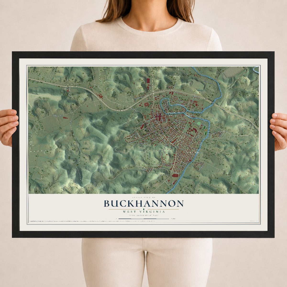 Map of Buckhannon, West Virginia, 18 x 24 inch print in a black wood frame