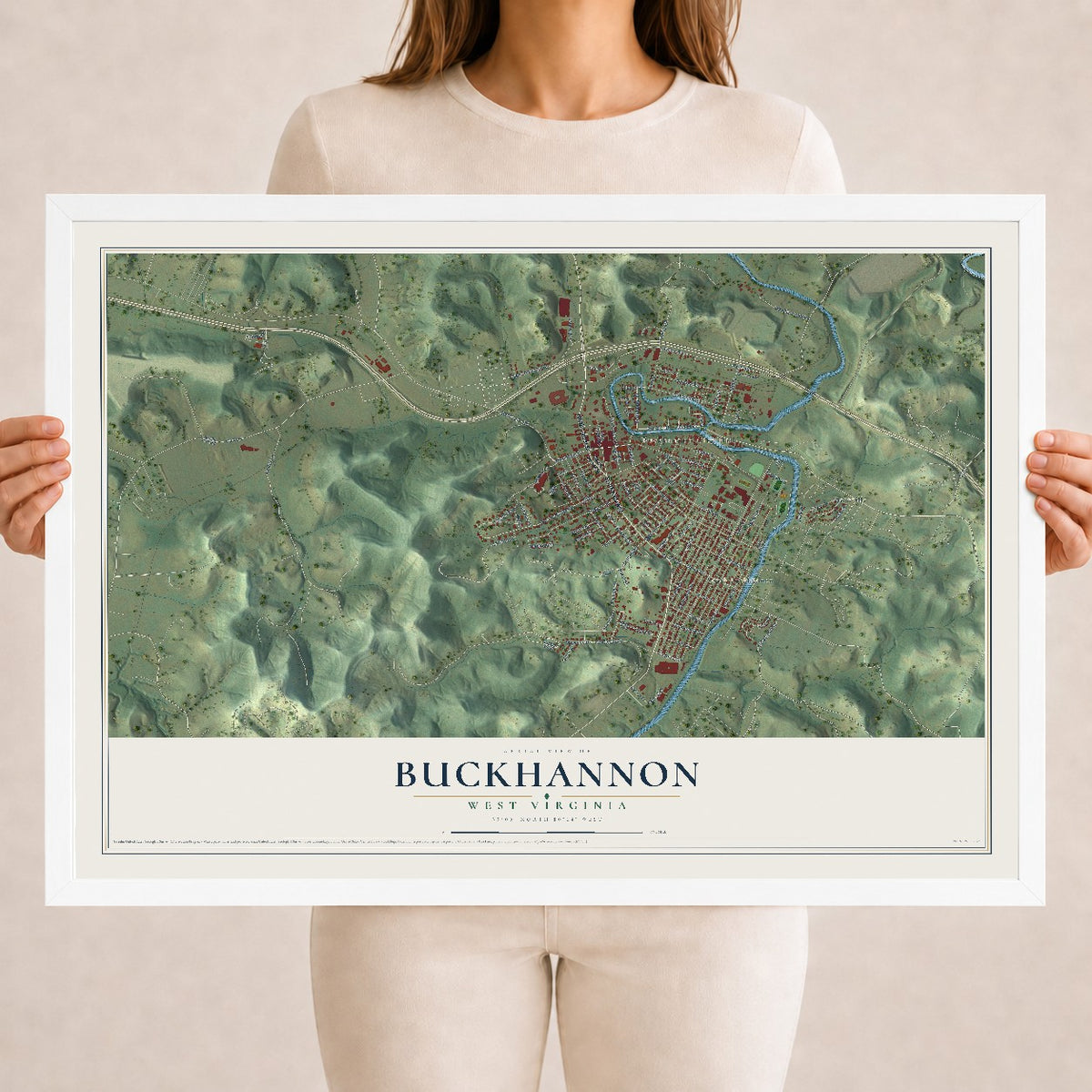 Map of Buckhannon, West Virginia, 18 x 24 inch print in a white wood frame