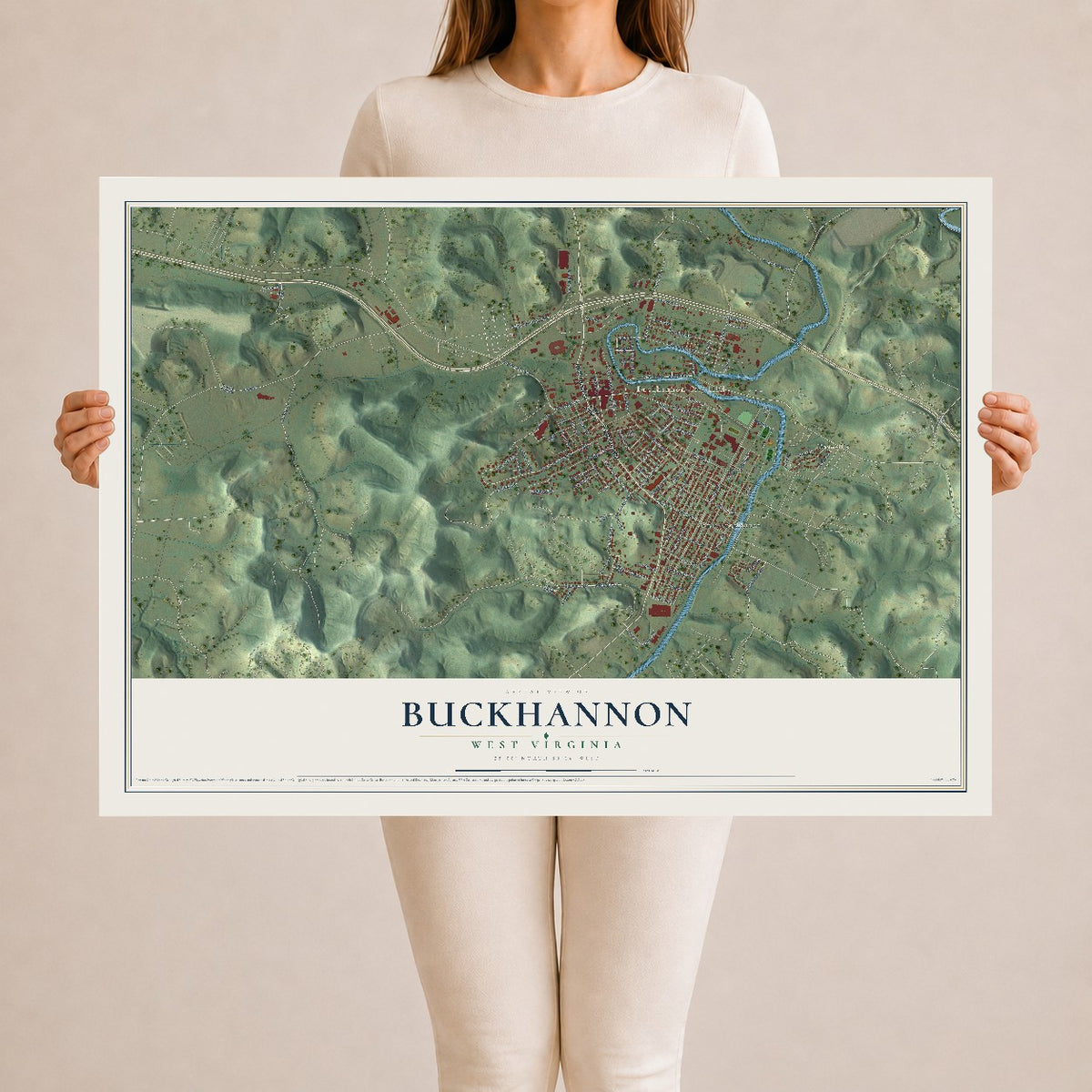 Map of Buckhannon, West Virginia, 24 x 36 inch unframed archival matte print