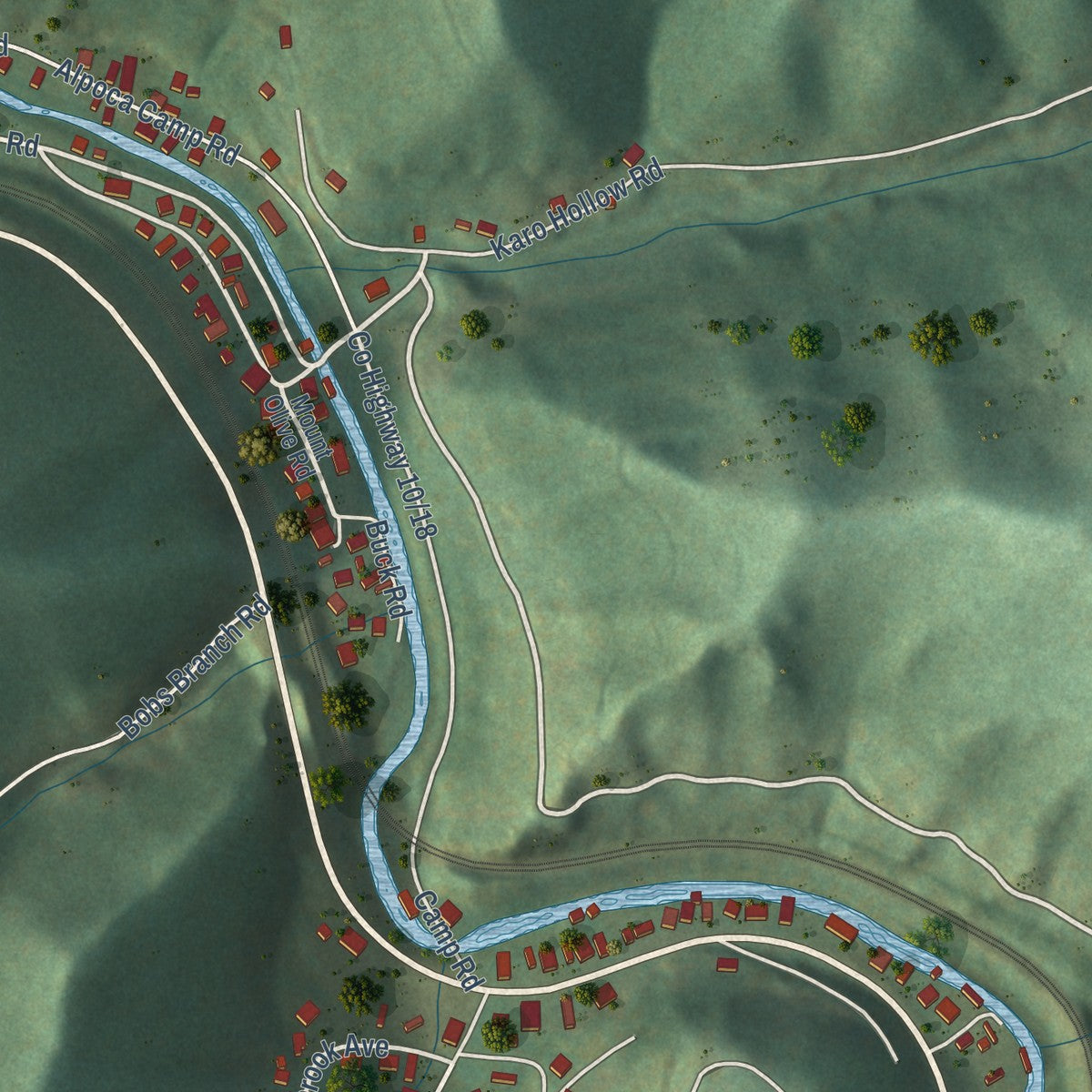 Close-up of the map of Bud, West Virginia print showing street and building detail